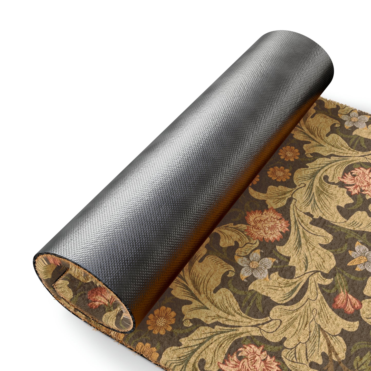 A rectangular coconut coir doormat with an intricate floral William Morris & Co pattern in green and brown colours, featuring a black vinyl backing.