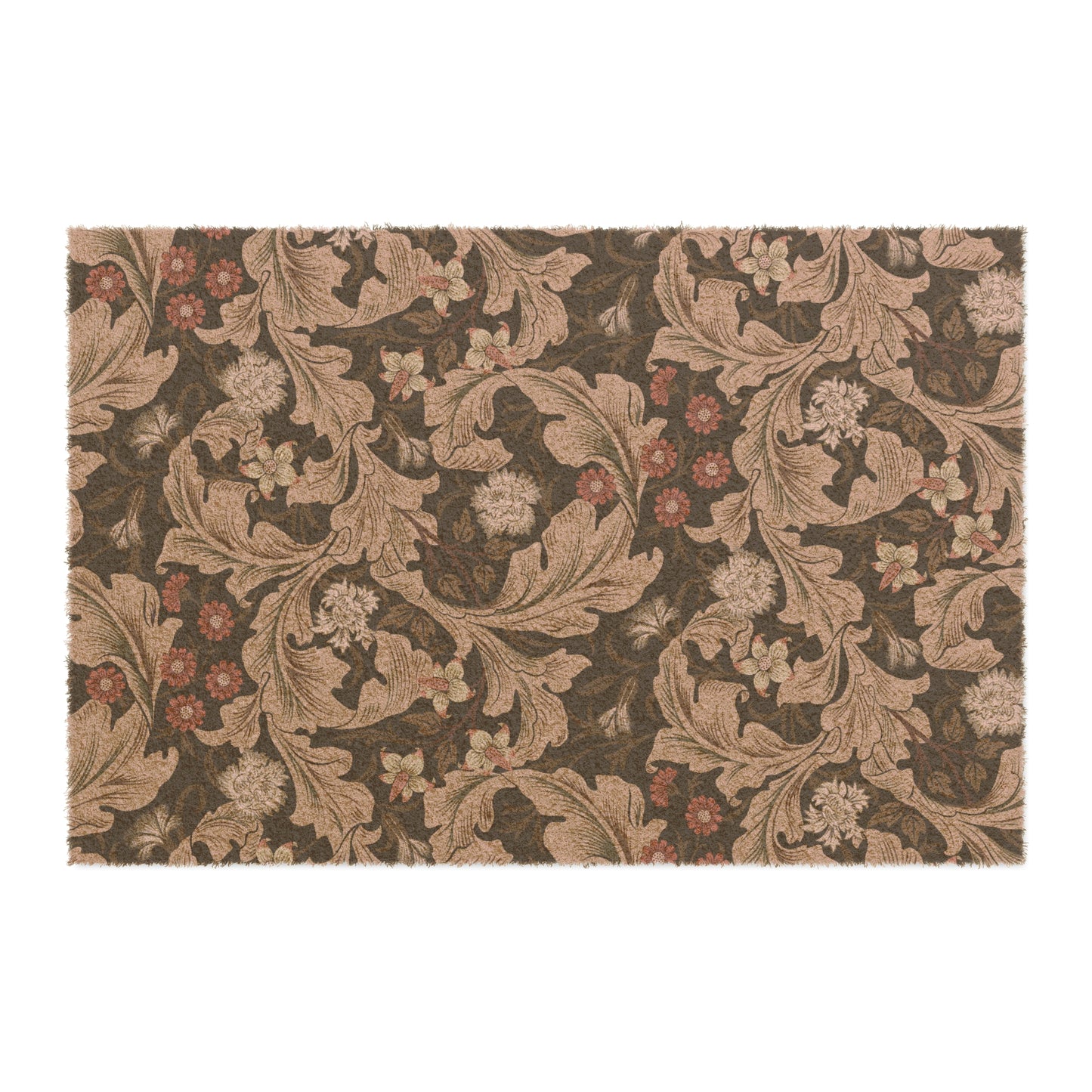 A rectangular coconut coir doormat with a floral William Morris & Co pattern in shades of brown and black.