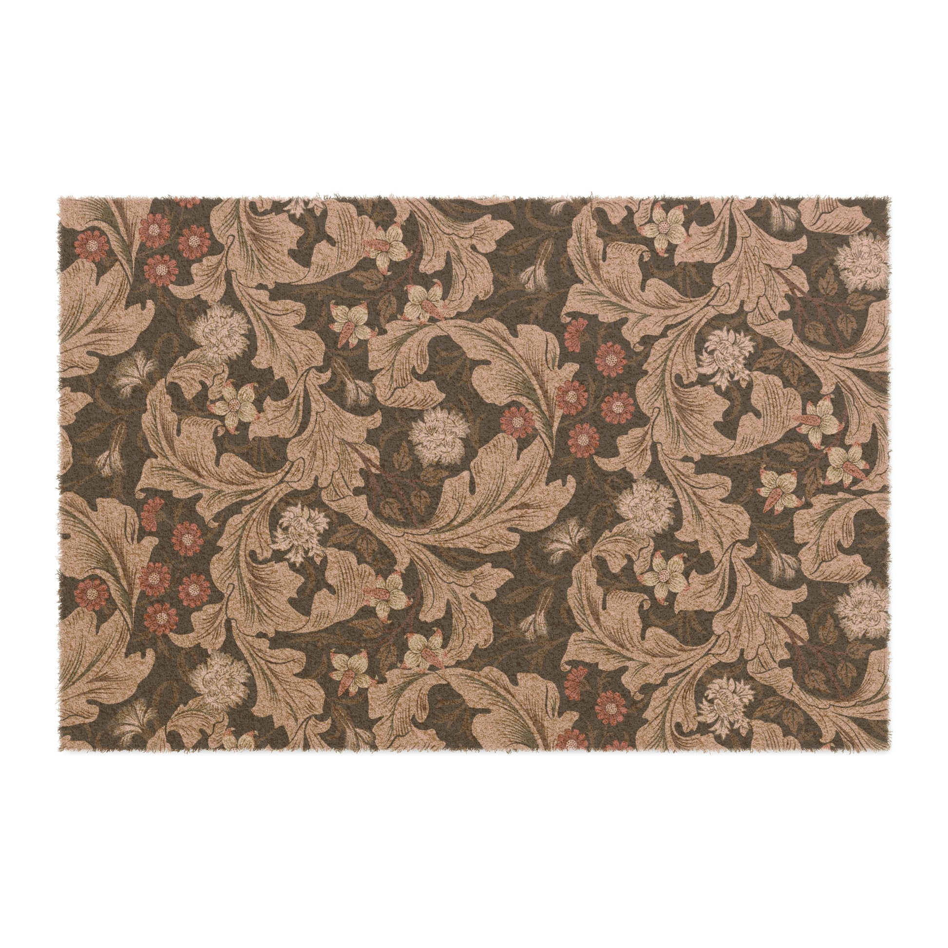A rectangular coconut coir doormat with a floral William Morris & Co pattern in shades of brown and black.