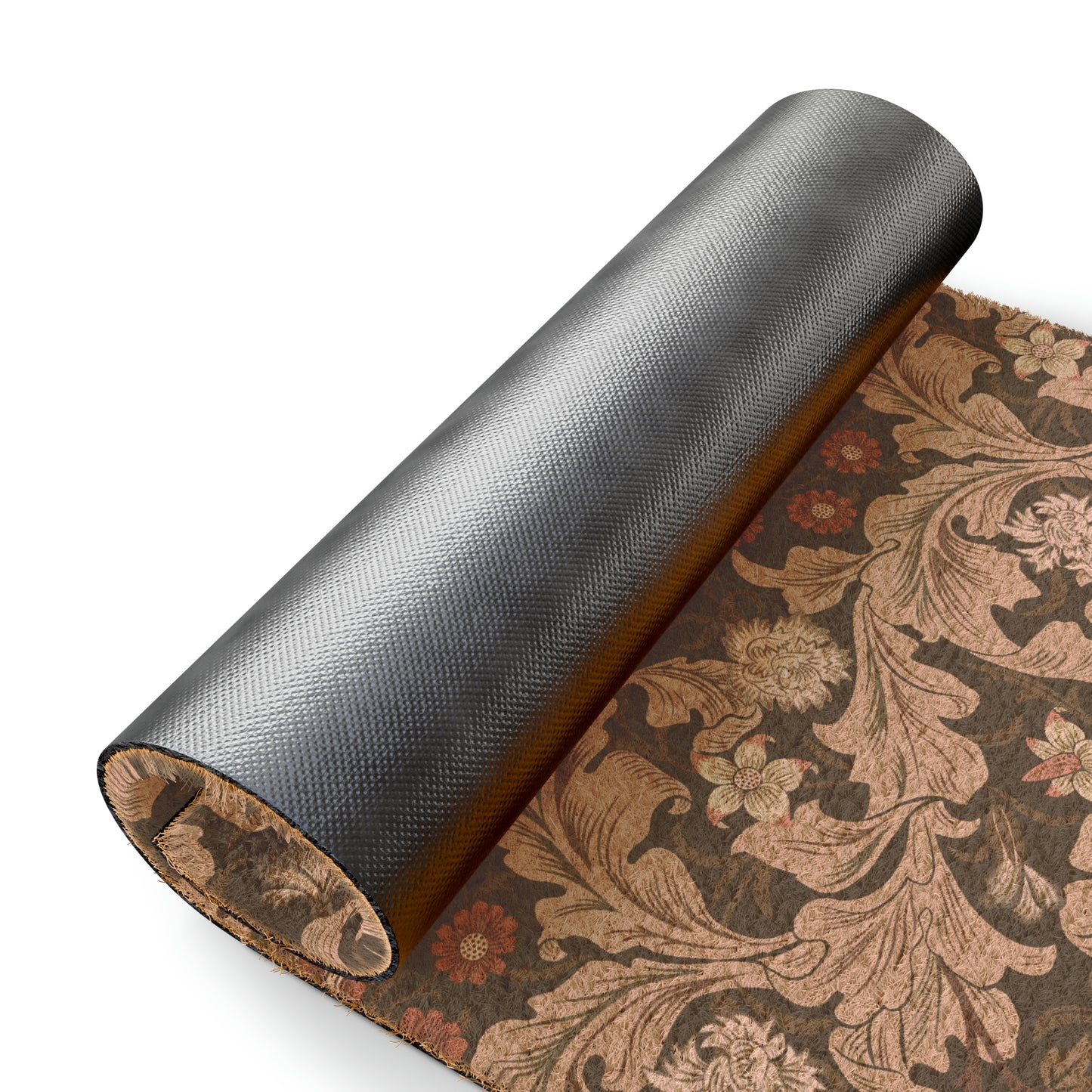 A rectangular coconut coir doormat with a floral William Morris & Co pattern in shades of brown and black.