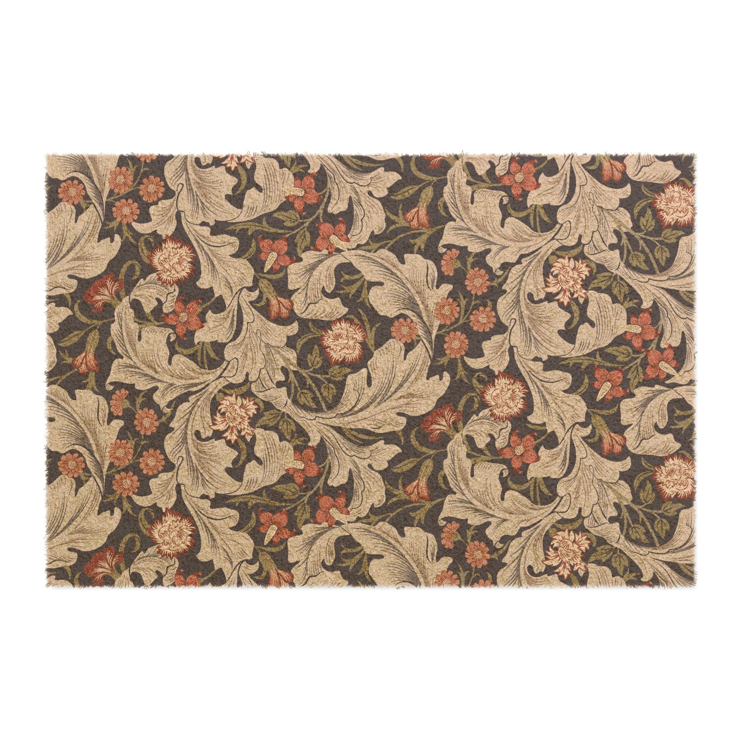 A rectangular coconut coir doormat with a floral pattern inspired by William Morris, featuring a mix of brown, beige, and green colours.