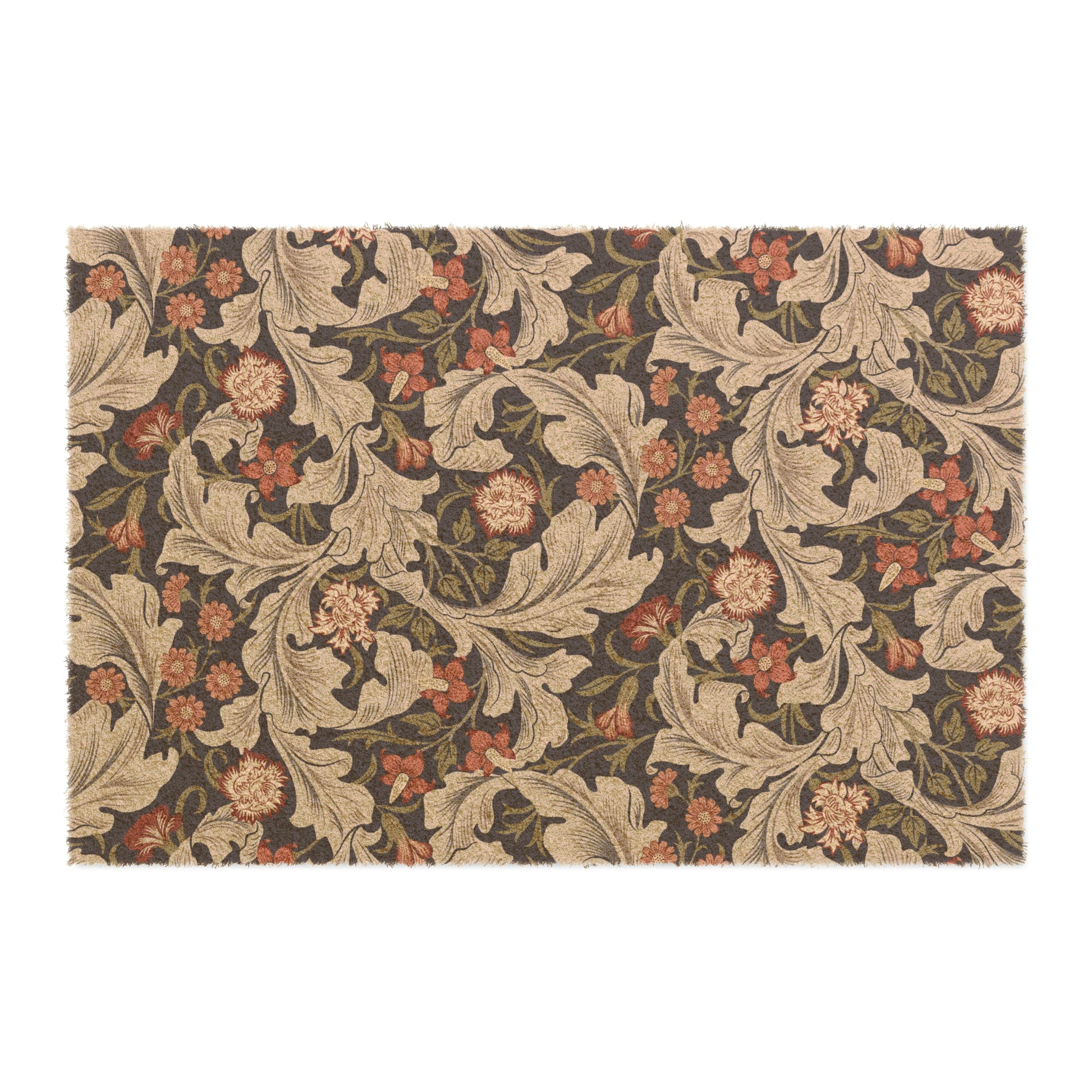 A rectangular coconut coir doormat with a floral pattern inspired by William Morris, featuring a mix of brown, beige, and green colours.