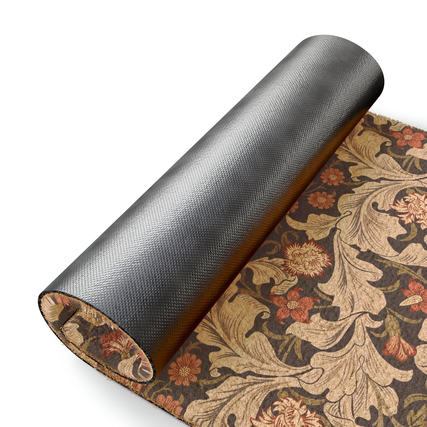 A rectangular coconut coir doormat with a floral pattern inspired by William Morris, featuring a mix of brown, beige, and green colours.