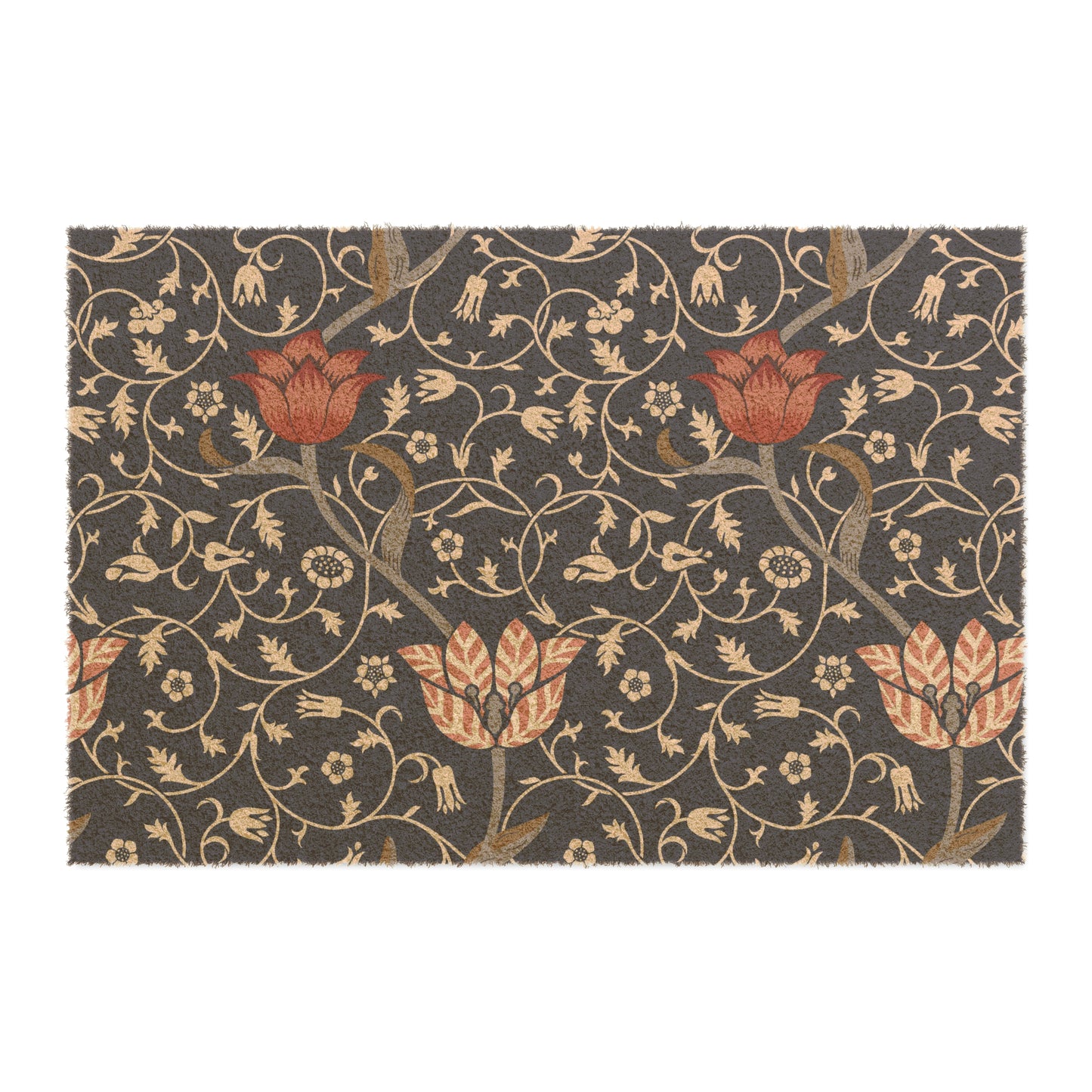 A rectangular coconut coir doormat with an intricate floral William Morris & Co pattern design, featuring a combination of dark and lighter shades, and a visible brush border at the top.