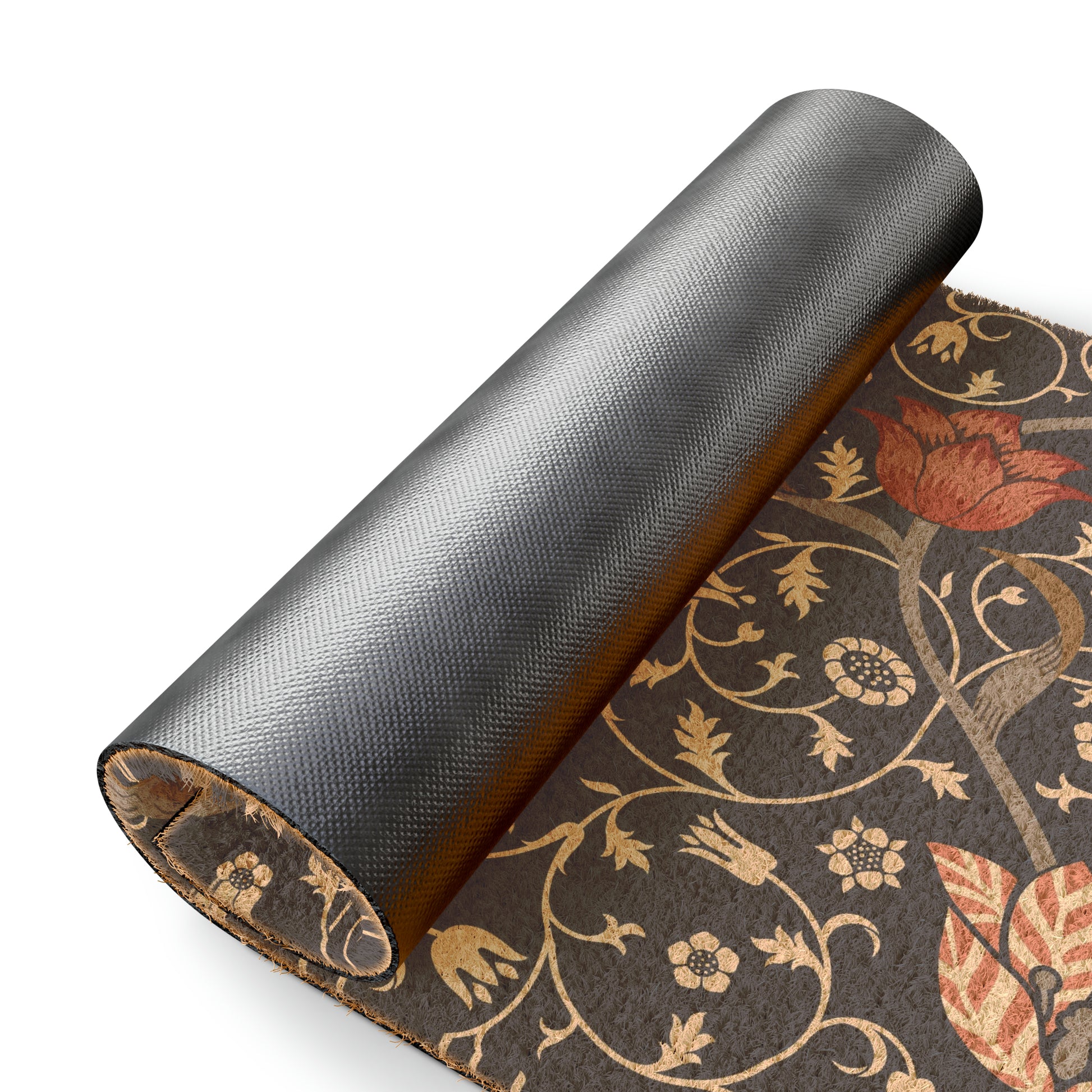 A rectangular coconut coir doormat with an intricate floral William Morris & Co pattern design, featuring a combination of dark and lighter shades, and a visible brush border at the top.