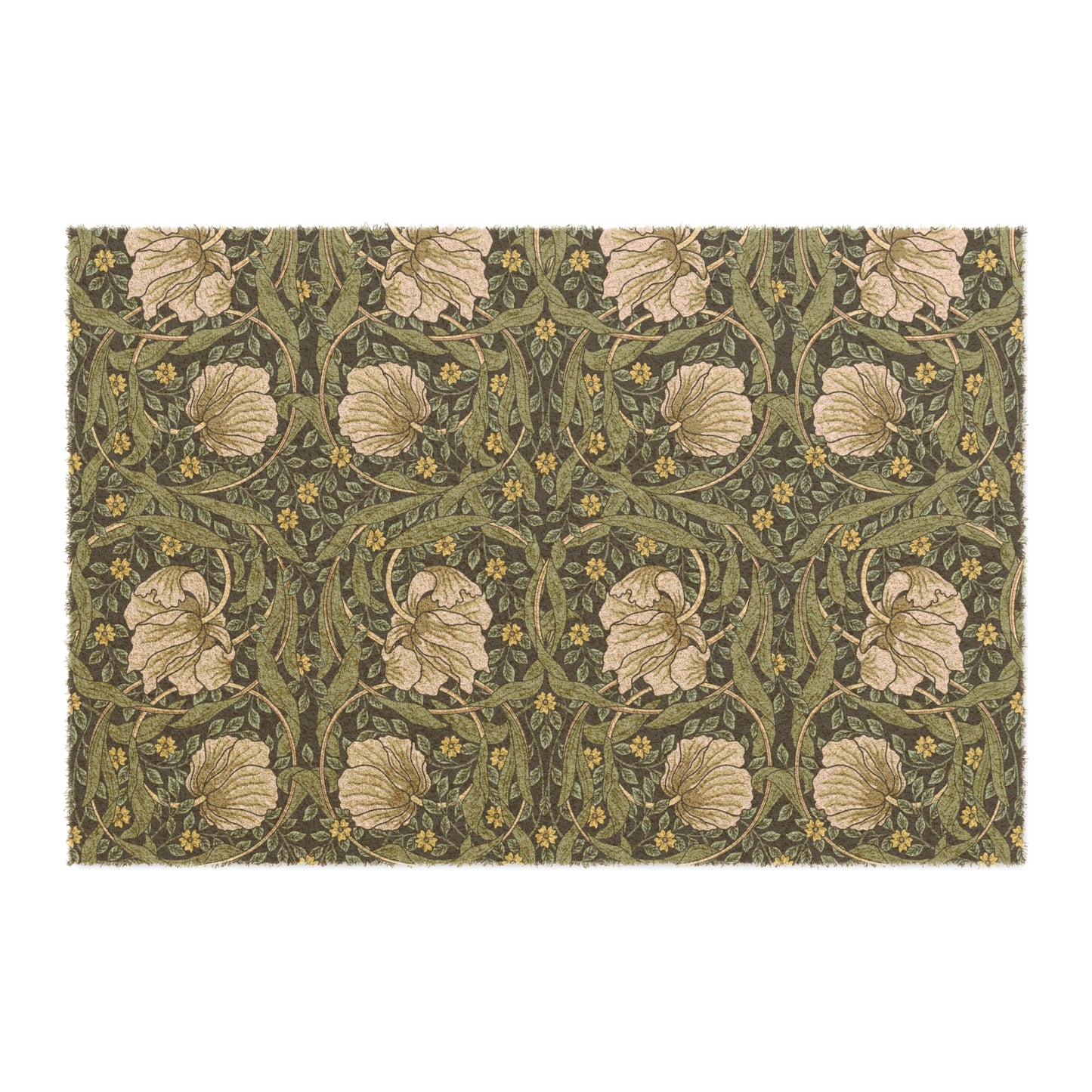 A rectangular green coconut coir doormat with an intricate floral pattern inspired by William Morris's designs, featuring a tufted coir coconut fiber texture and a black vinyl backing.