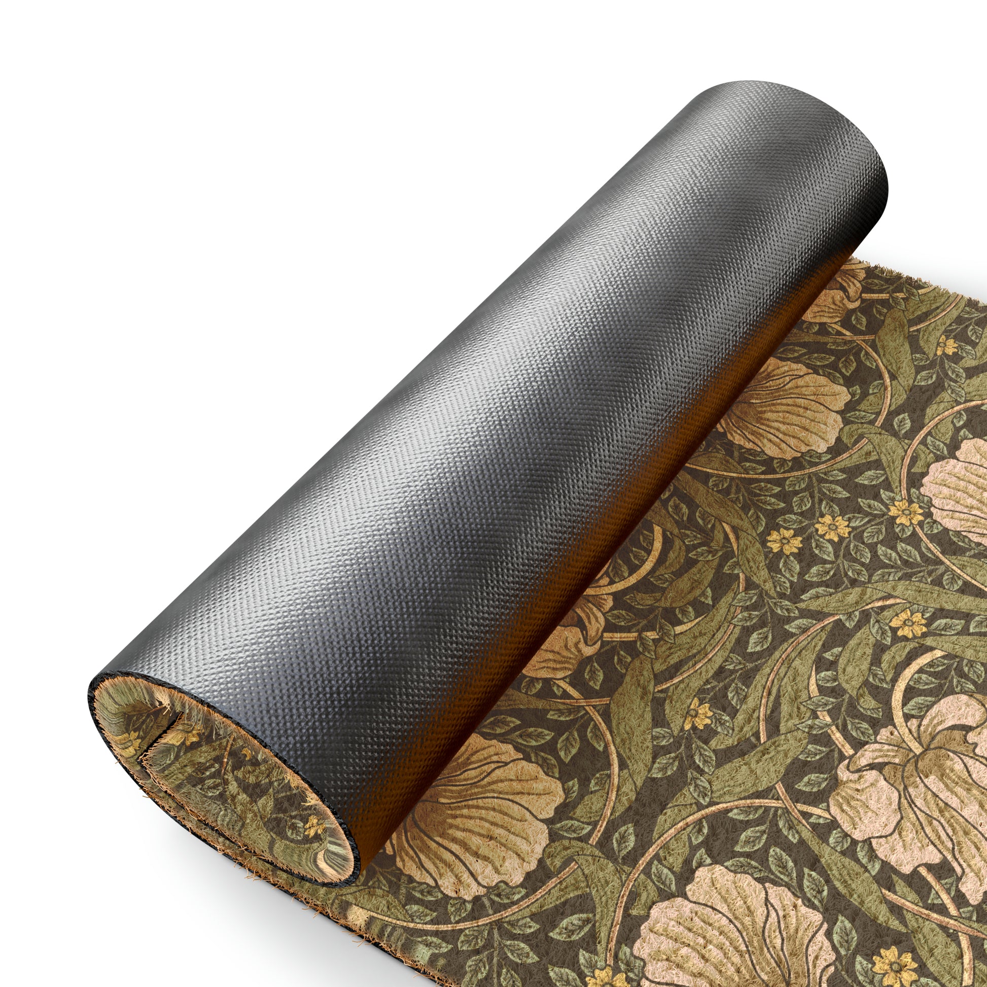 A rectangular green coconut coir doormat with an intricate floral pattern inspired by William Morris's designs, featuring a tufted coir coconut fiber texture and a black vinyl backing.