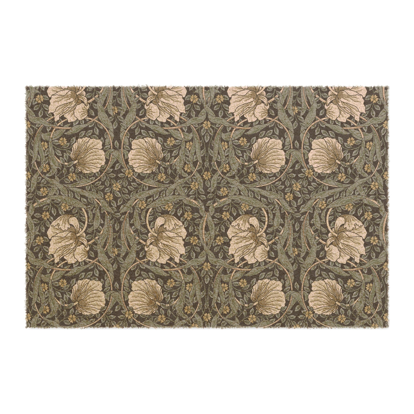 A rectangular doormat with a William Morris & Co floral pattern in shades of blue and beige, featuring tufted coir coconut fibre.