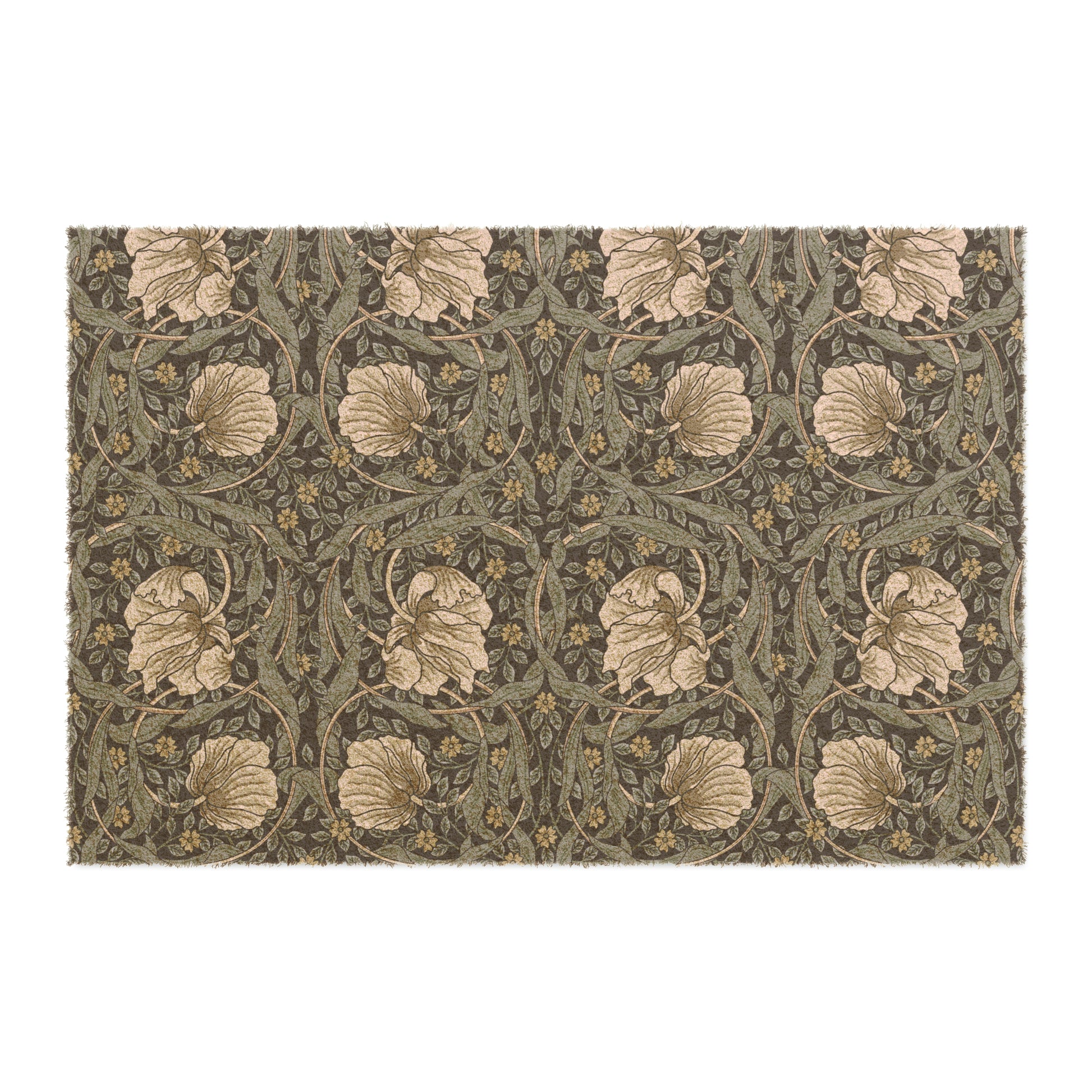 A rectangular doormat with a William Morris & Co floral pattern in shades of blue and beige, featuring tufted coir coconut fibre.