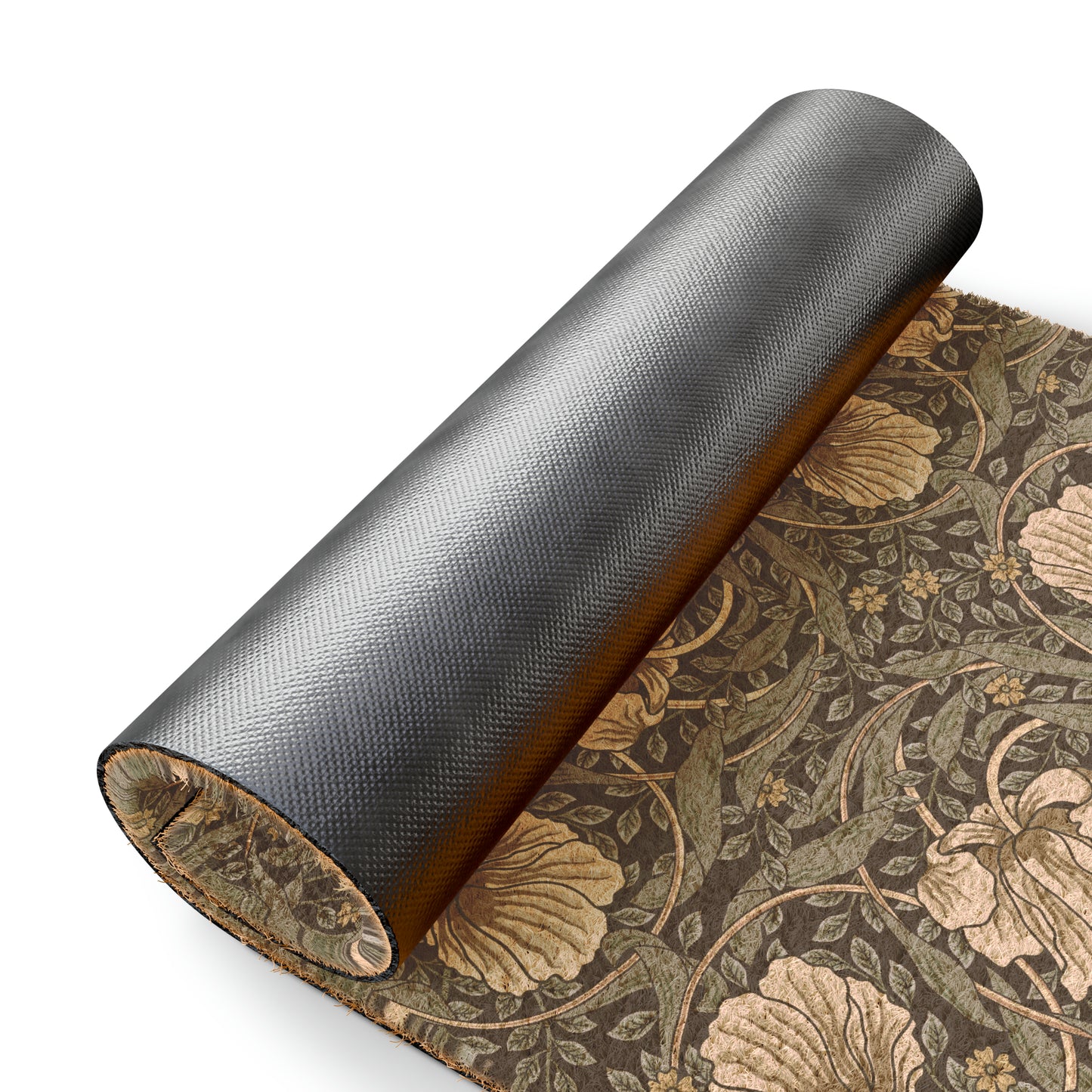 A rectangular doormat with a William Morris & Co floral pattern in shades of blue and beige, featuring tufted coir coconut fibre.