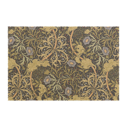 Rectangular coconut coir doormat with a floral William Morris & Co pattern in shades of blue and brown.