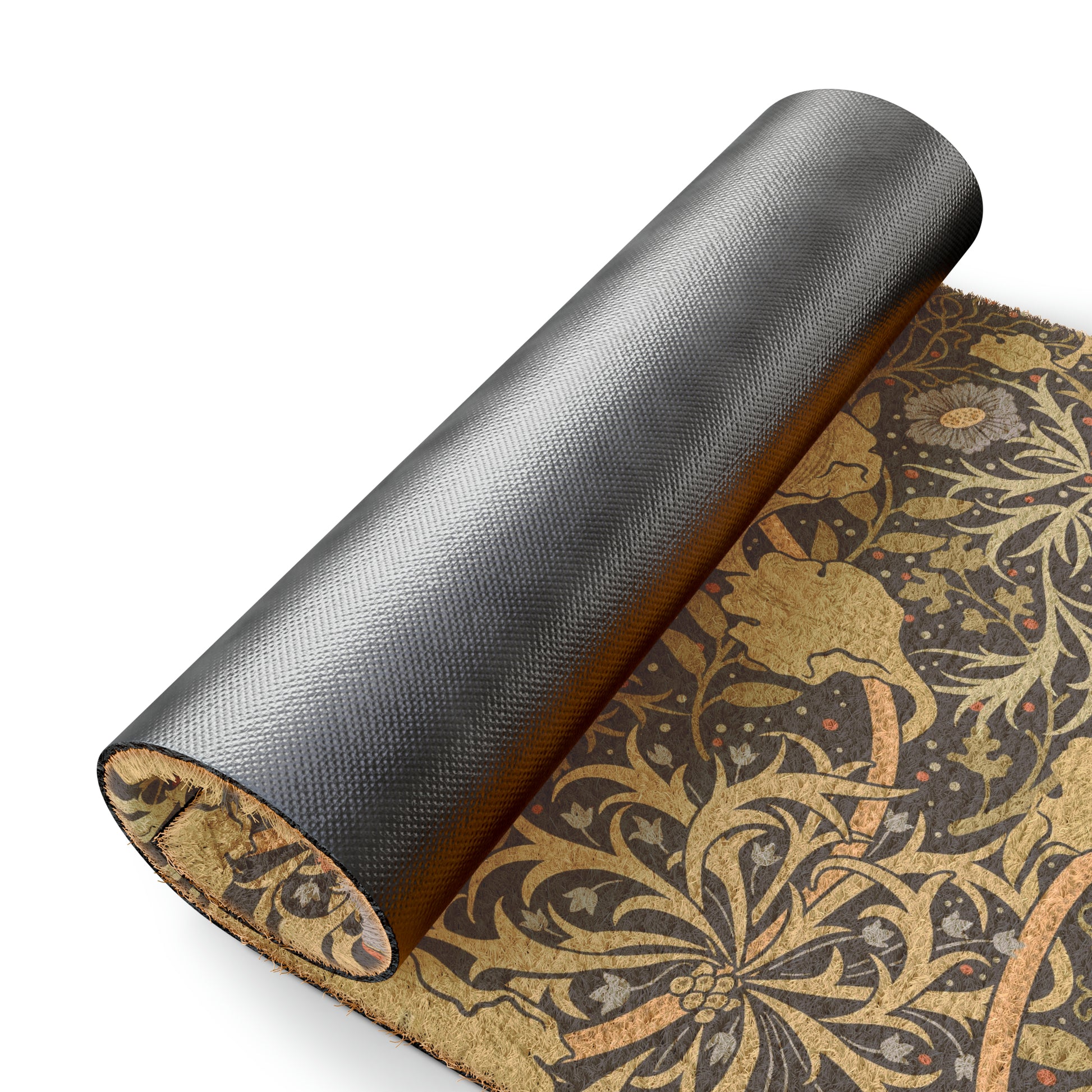 Rectangular coconut coir doormat with a floral William Morris & Co pattern in shades of blue and brown.