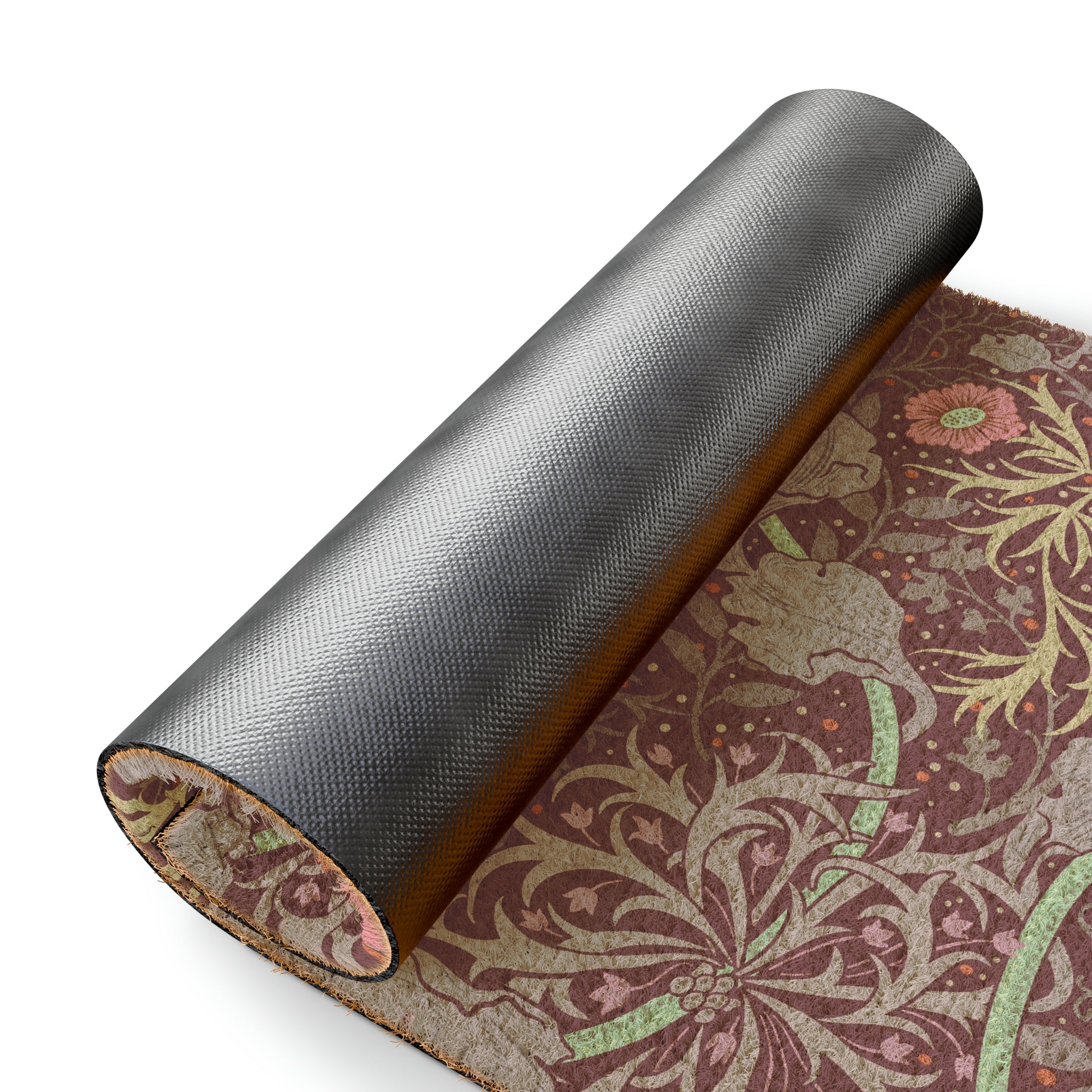 Rectangular William Morris-inspired coconut coir doormat with pink flowers and green foliage on a brown background.
