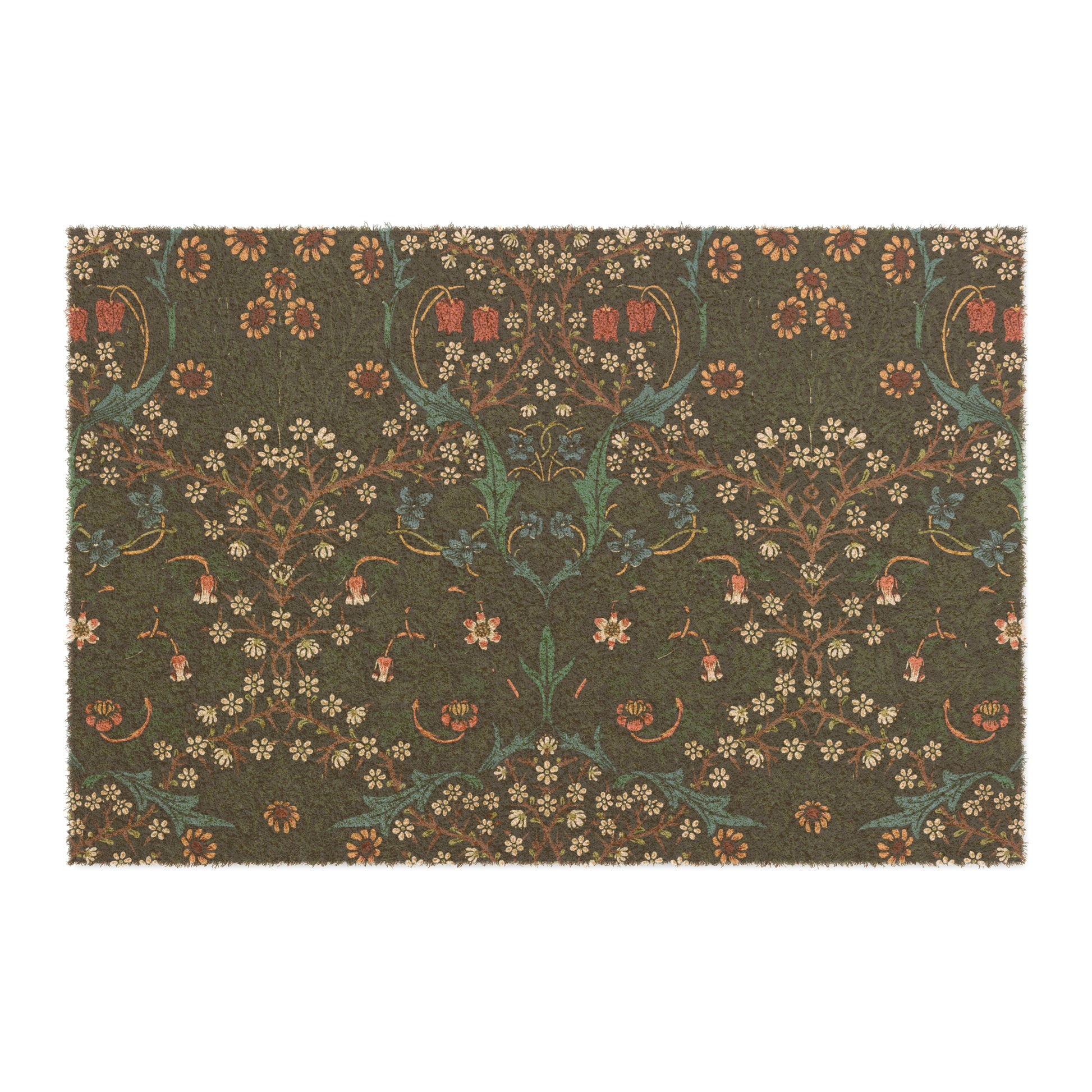 A rectangular doormat with a floral pattern primarily in red, green, and brown colors, featuring a design inspired by William Morris.