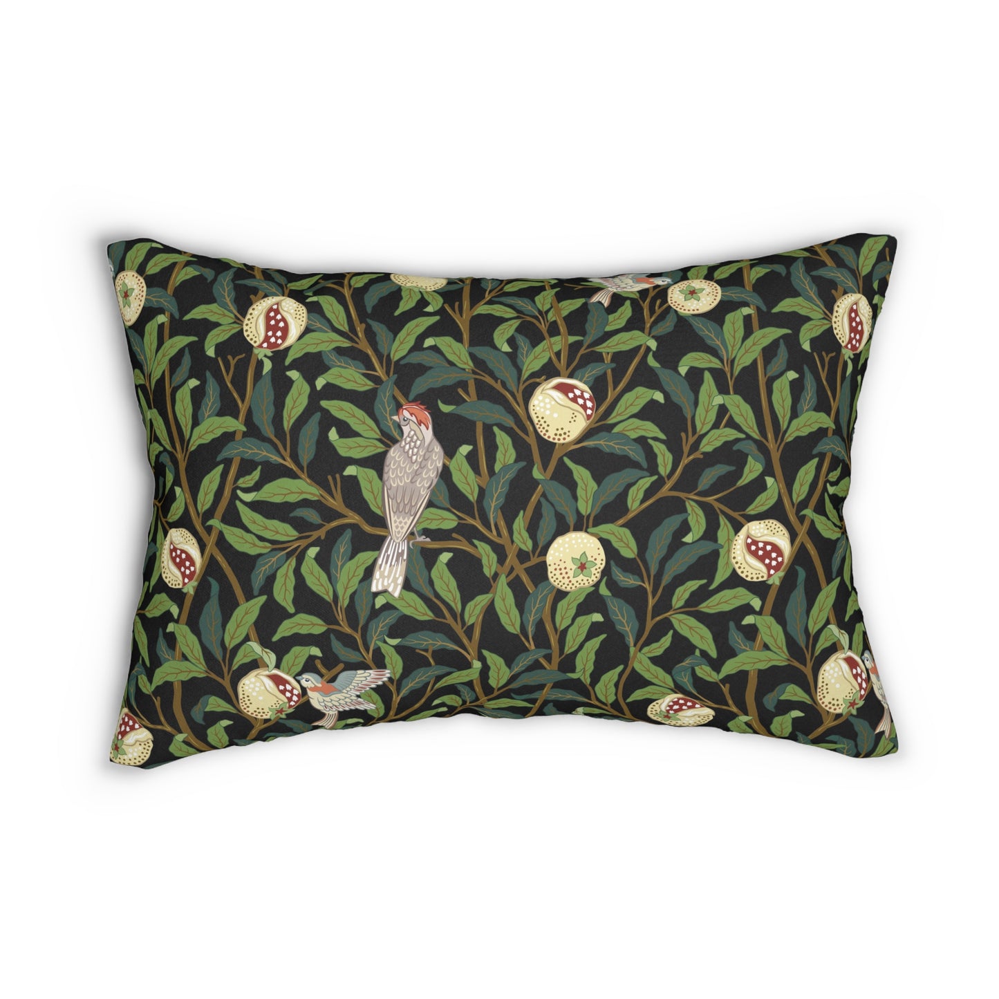 A rectangular William Morris & Co lumbar cushion with a bird and pomegranate design on a green background, featuring a concealed zipper.