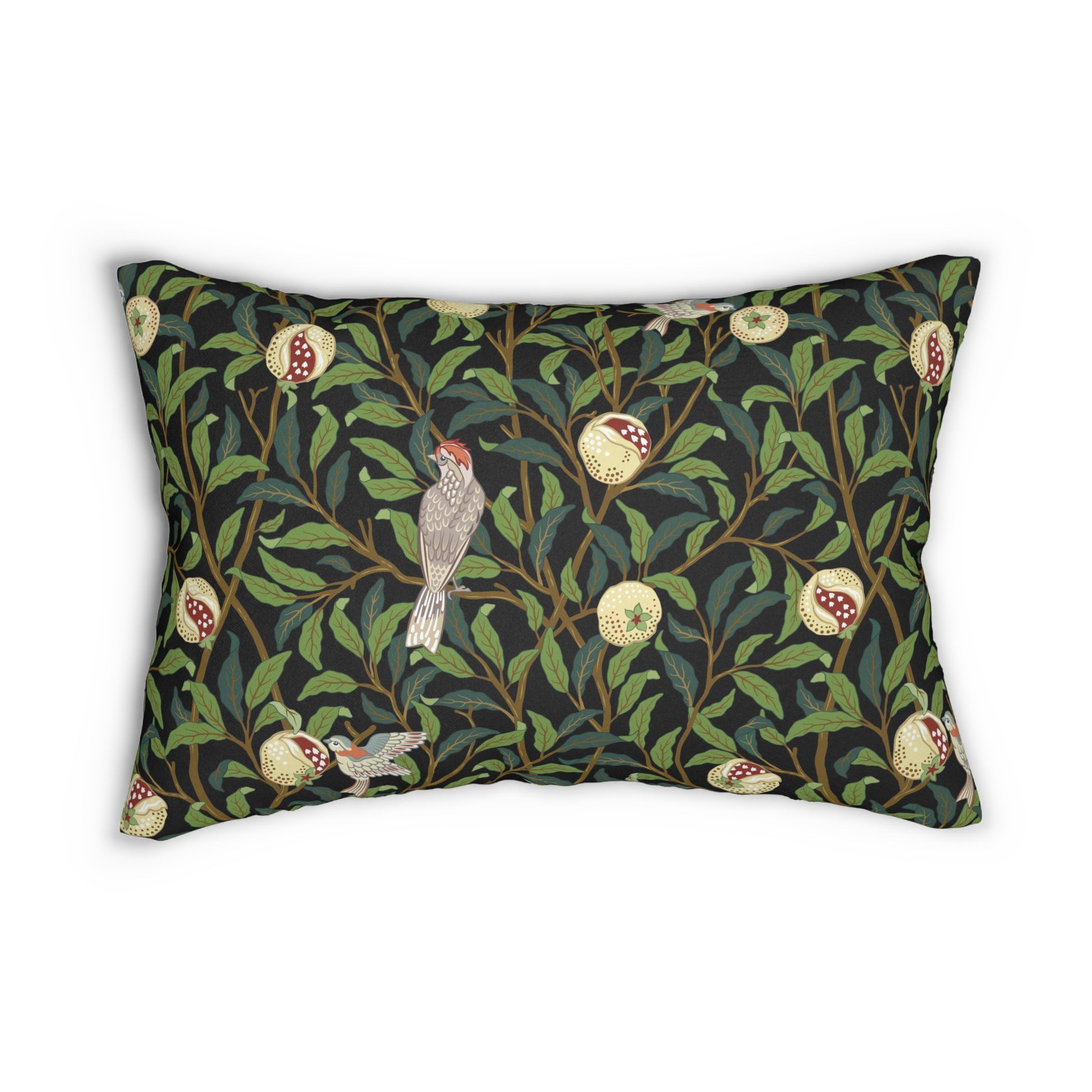 A rectangular William Morris & Co lumbar cushion with a bird and pomegranate design on a green background, featuring a concealed zipper.