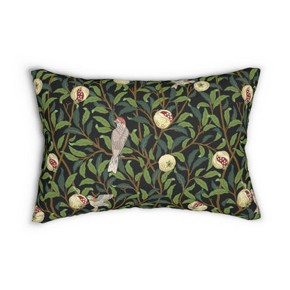 A rectangular William Morris & Co lumbar cushion with a bird and pomegranate design on a green background, featuring a concealed zipper.