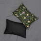 A rectangular William Morris & Co lumbar cushion with a bird and pomegranate design on a green background, featuring a concealed zipper.