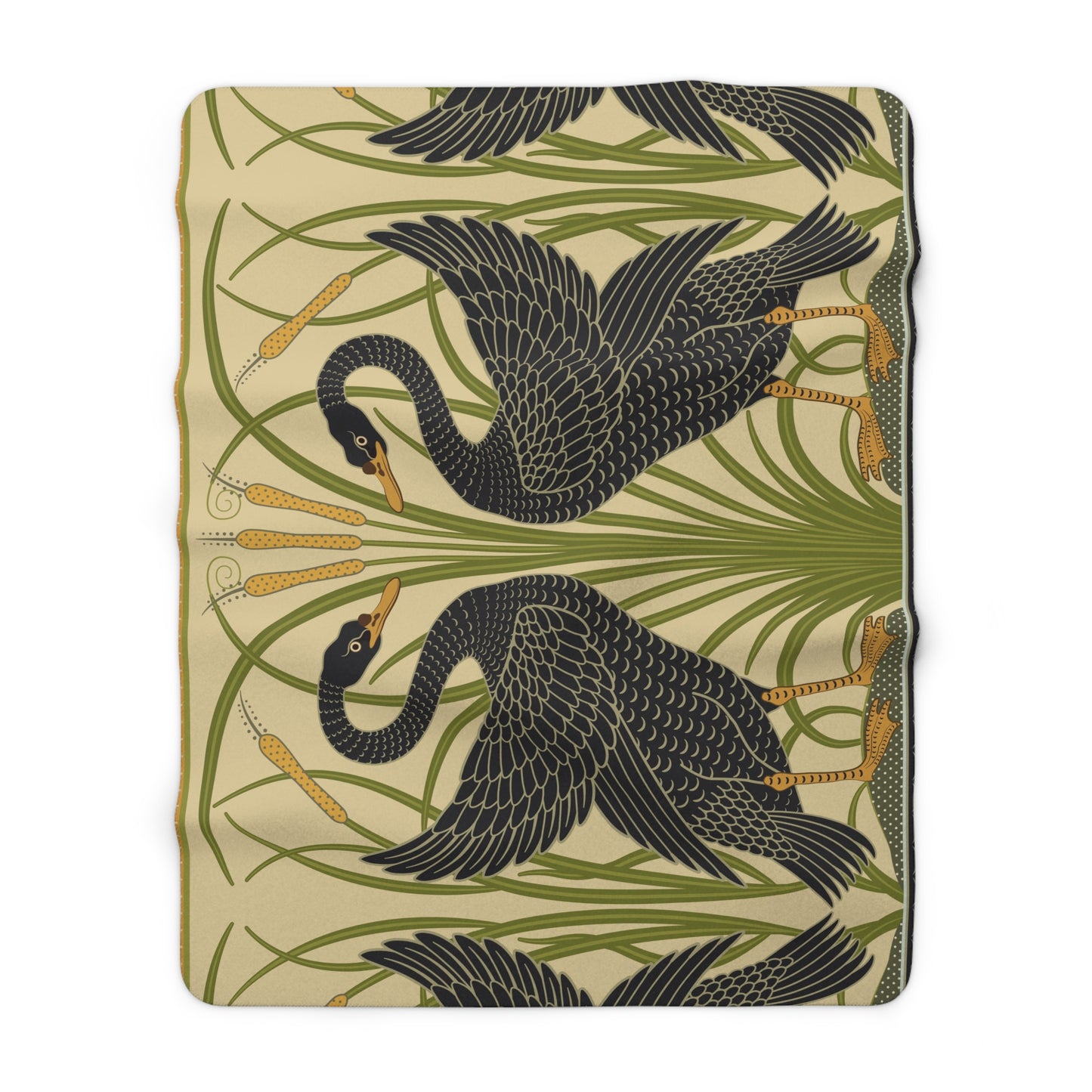 A Sherpa fleece blanket with a pattern inspired by William Morris, featuring black swans and green foliage on a beige background.