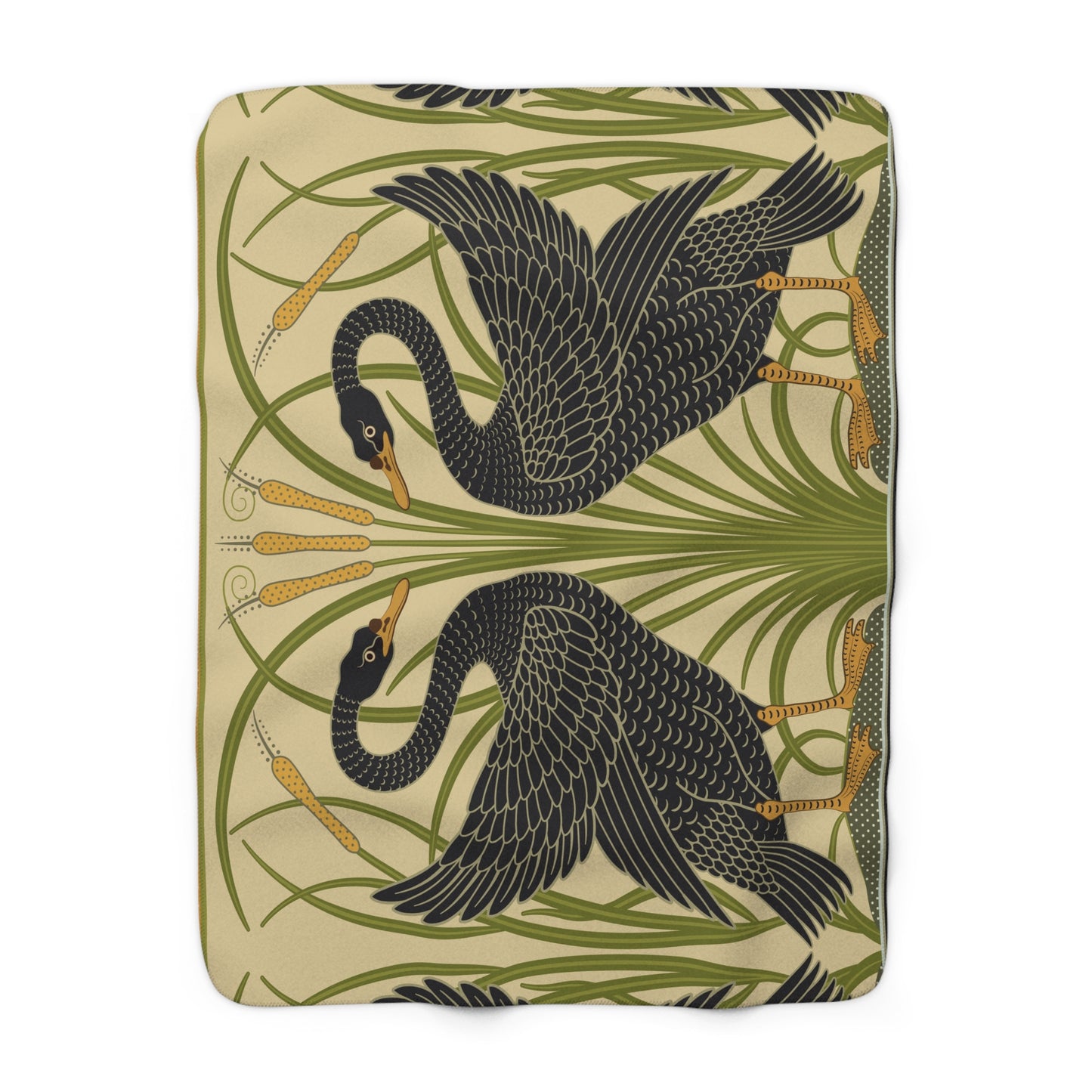 A Sherpa fleece blanket with a pattern inspired by William Morris, featuring black swans and green foliage on a beige background.