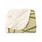A Sherpa fleece blanket with a pattern inspired by William Morris, featuring black swans and green foliage on a beige background.