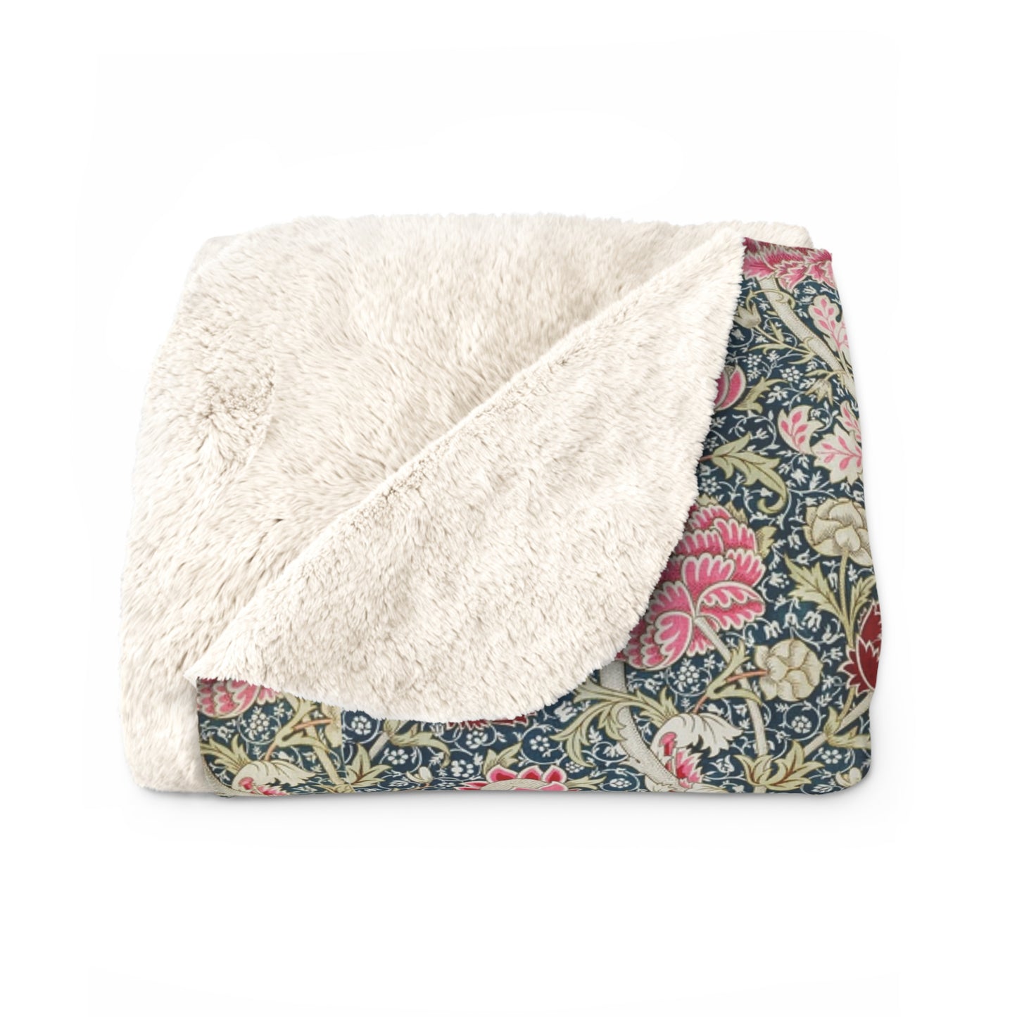 A cozy fluffy fleece blanket with a floral pattern in various colors, laid flat.