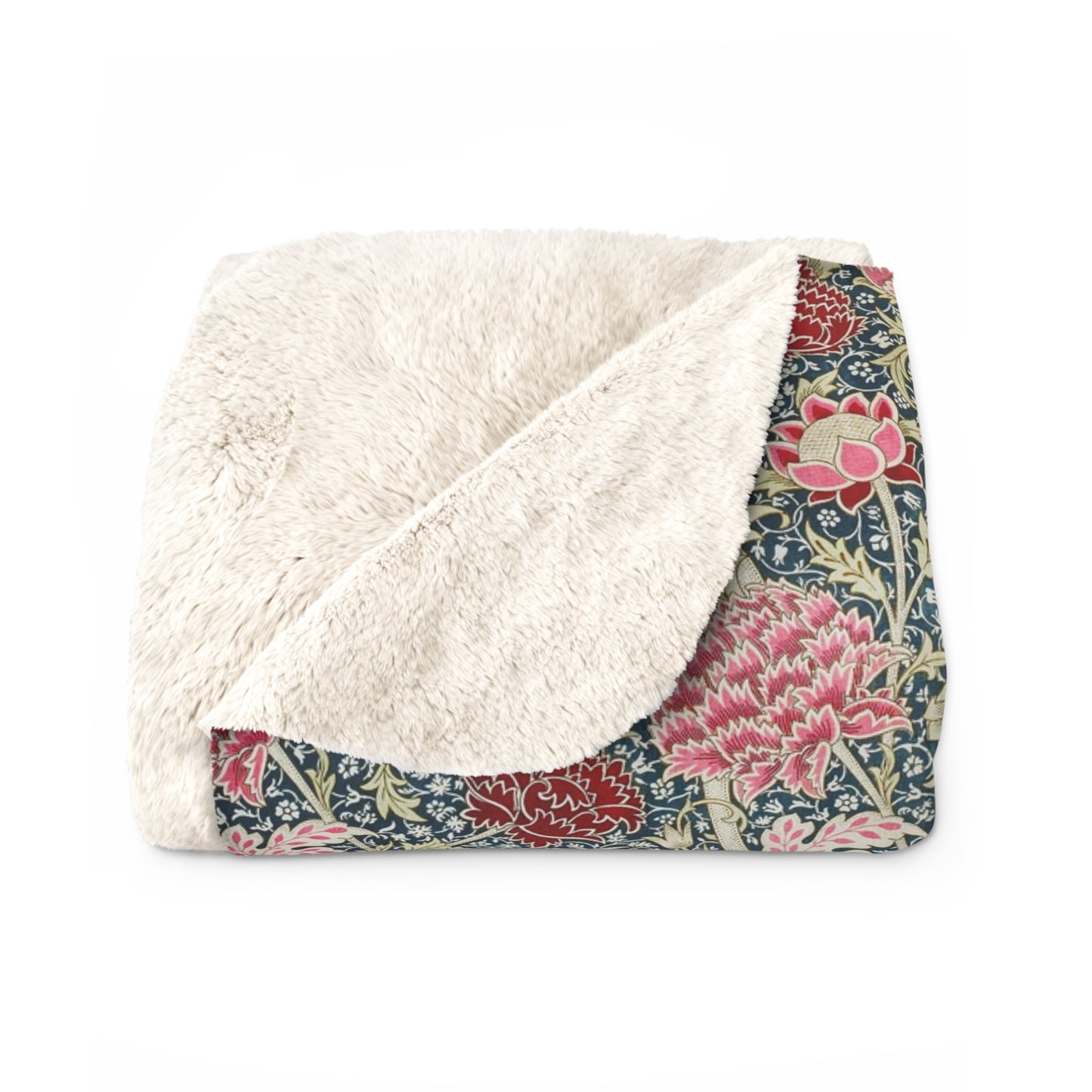 A cozy fluffy fleece blanket with a floral pattern in various colors, laid flat.