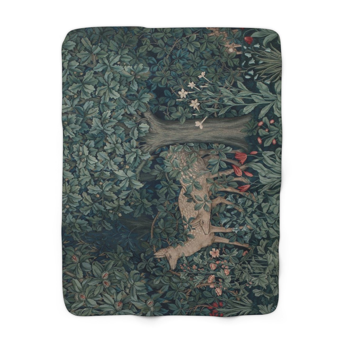A Sherpa fleece blanket with an intricate floral and tree design, primarily in green and red tones, reflecting a natural and rustic theme.