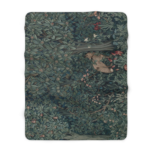 A Sherpa fleece blanket with an embroidered design featuring greenery and a fox, inspired by the William Morris - Greenery Collection.