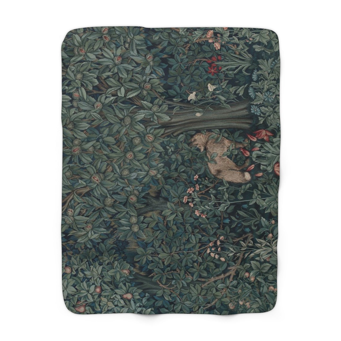 A Sherpa fleece blanket with an embroidered design featuring greenery and a fox, inspired by the William Morris - Greenery Collection.