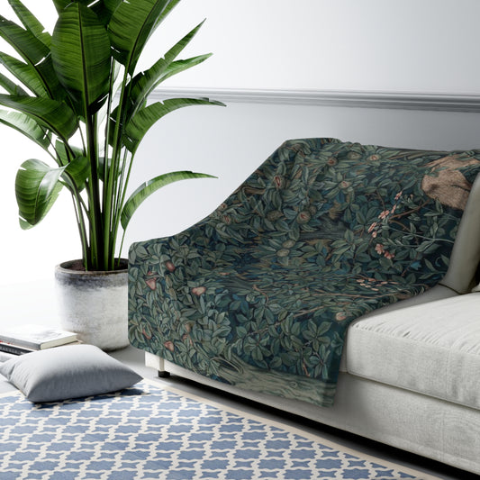 A Sherpa fleece blanket with an embroidered design featuring greenery and a fox, inspired by the William Morris - Greenery Collection.