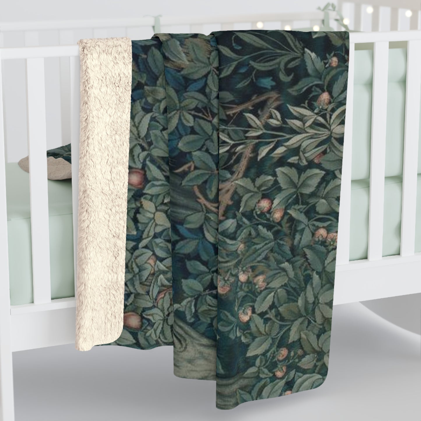 A Sherpa fleece blanket with an embroidered design featuring greenery and a fox, inspired by the William Morris - Greenery Collection.