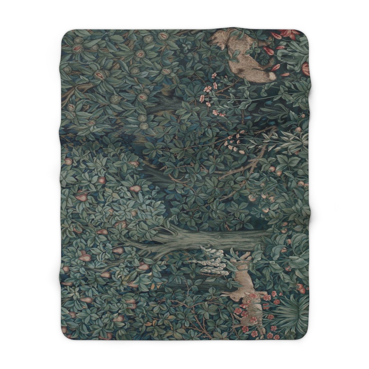 A Sherpa fleece blanket with an embossed design featuring rabbits, foxes, and green foliage on a green background.