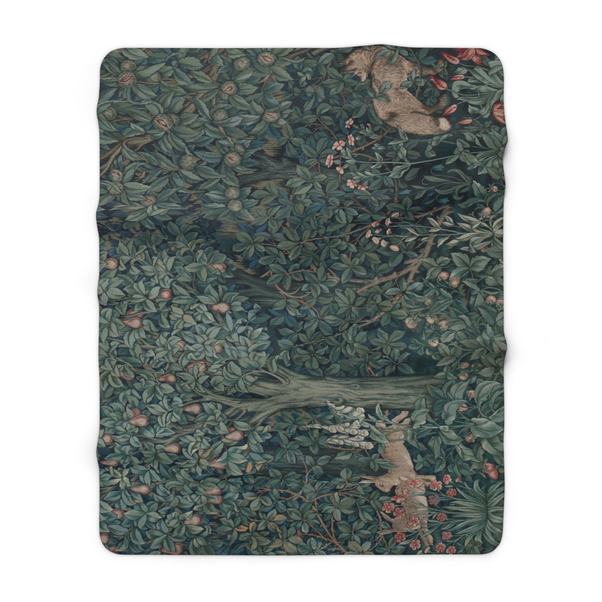A Sherpa fleece blanket with an embossed design featuring rabbits, foxes, and green foliage on a green background.