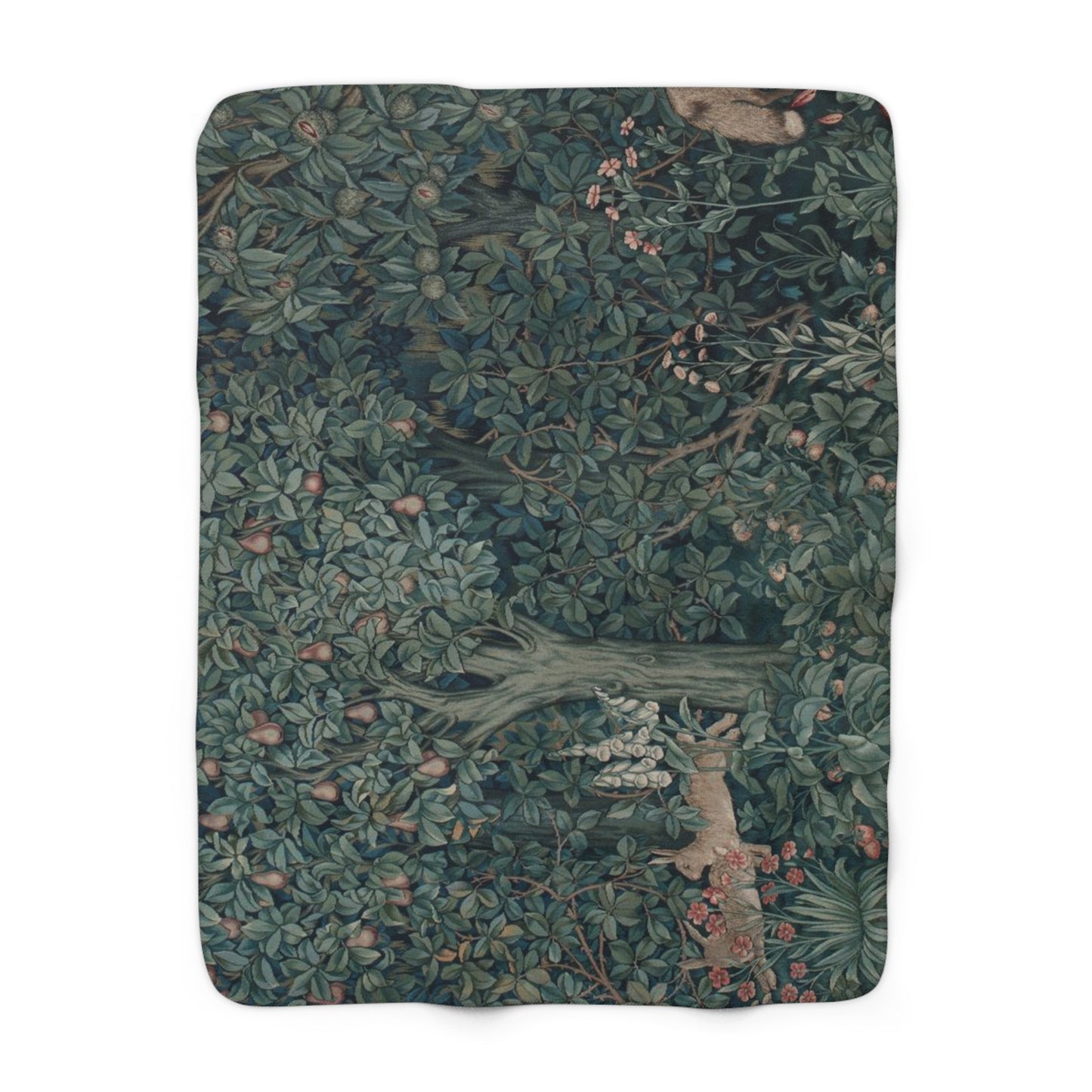A Sherpa fleece blanket with an embossed design featuring rabbits, foxes, and green foliage on a gray background.