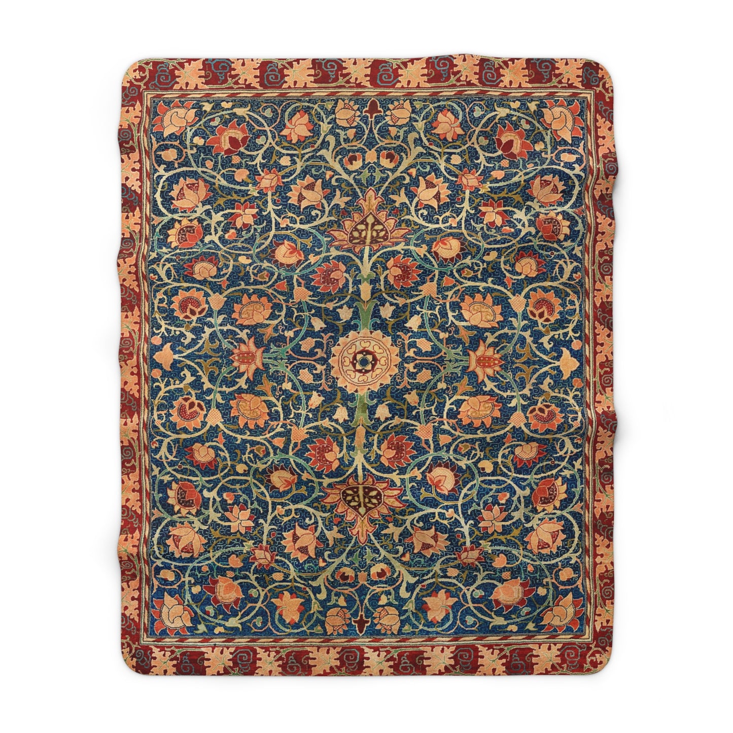 A Sherpa fleece blanket with a geometric and floral pattern in a multicolour William Morris & Co print.