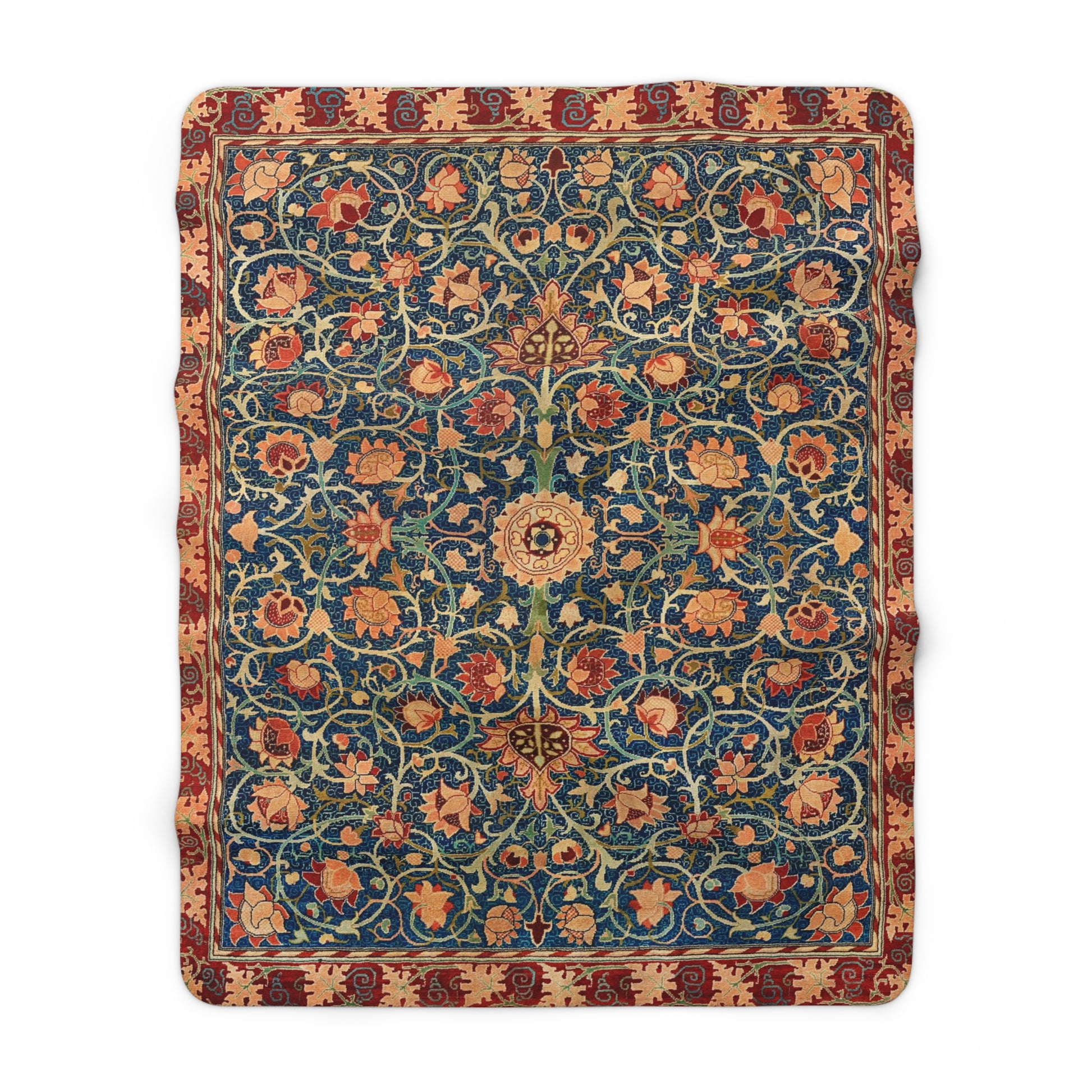 A Sherpa fleece blanket with a geometric and floral pattern in a multicolour William Morris & Co print.