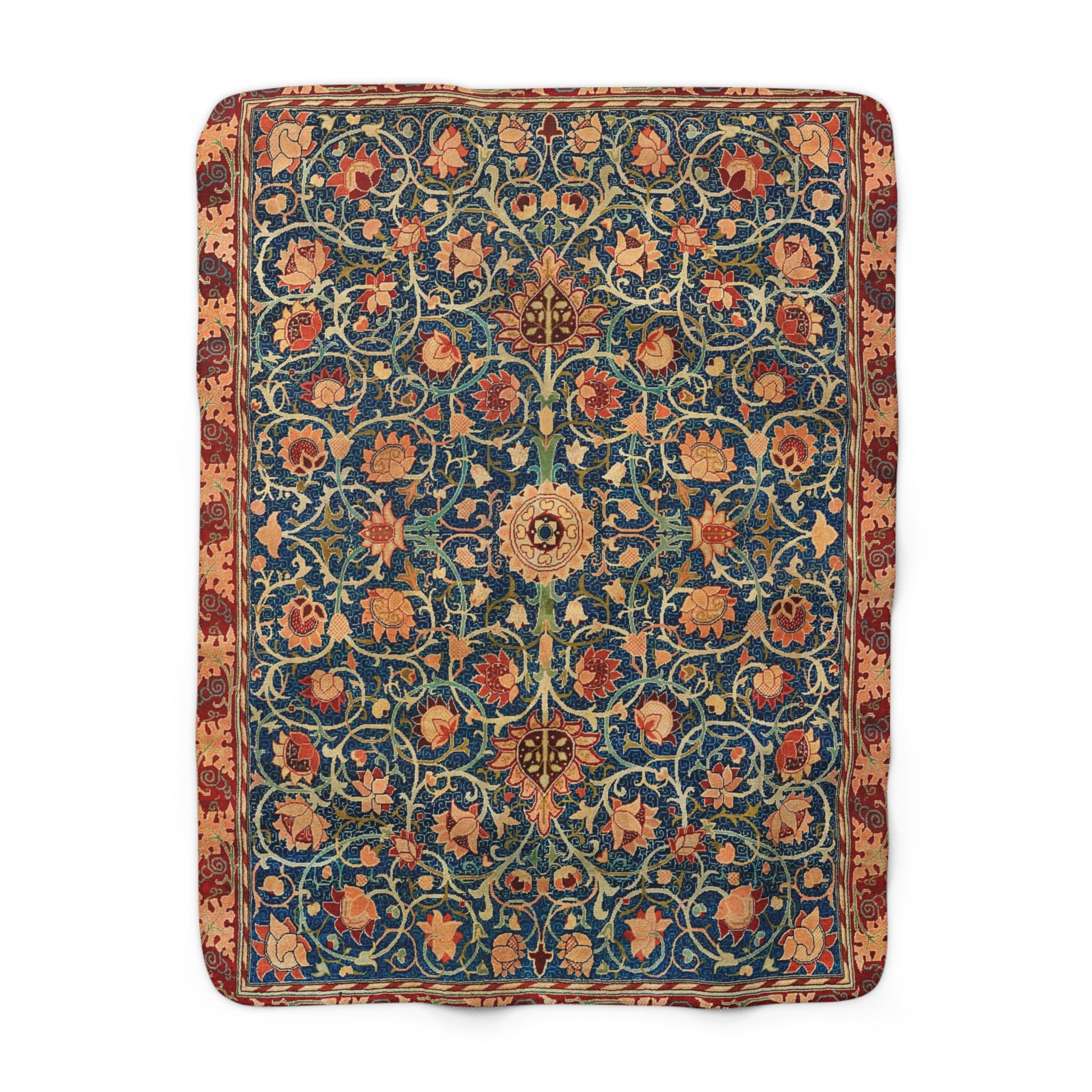 A Sherpa fleece blanket with a geometric and floral pattern in a multicolour William Morris & Co print.