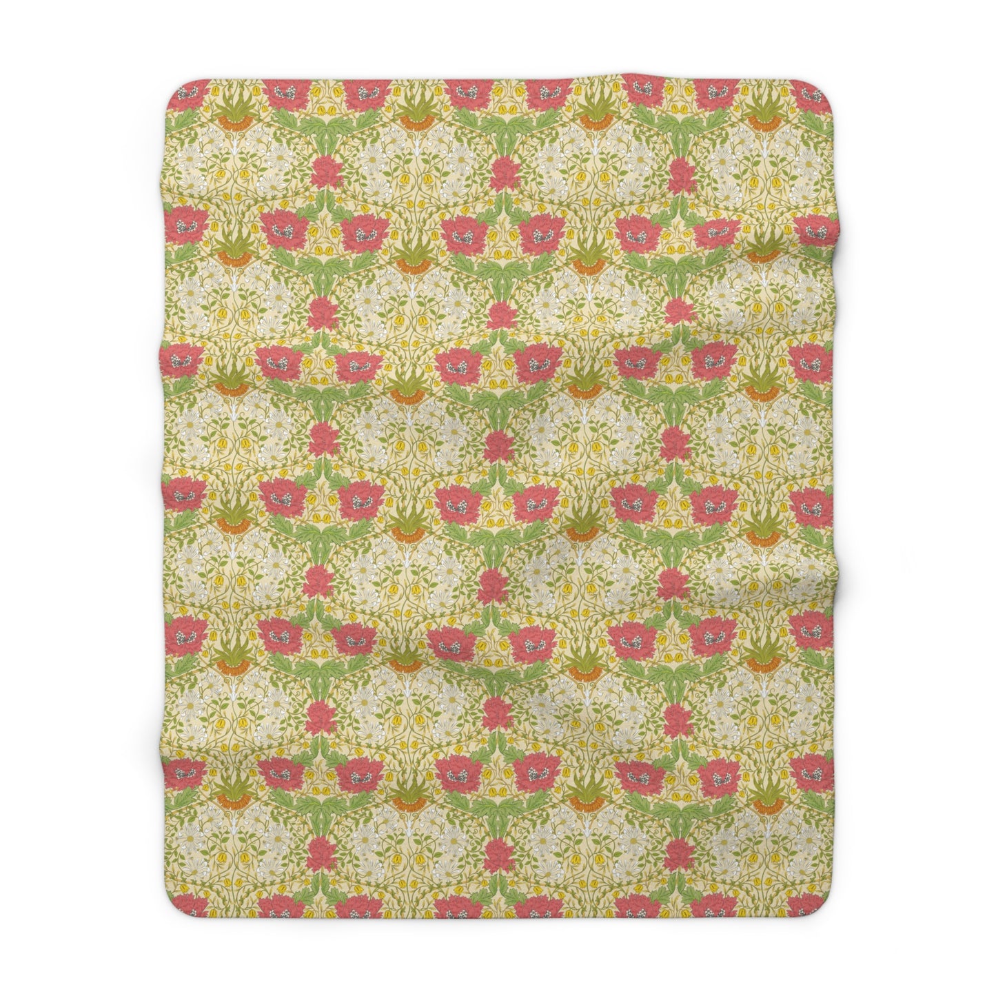 A Sherpa fleece blanket with a floral pattern in pink and yellow hues on a green background, displayed flat.