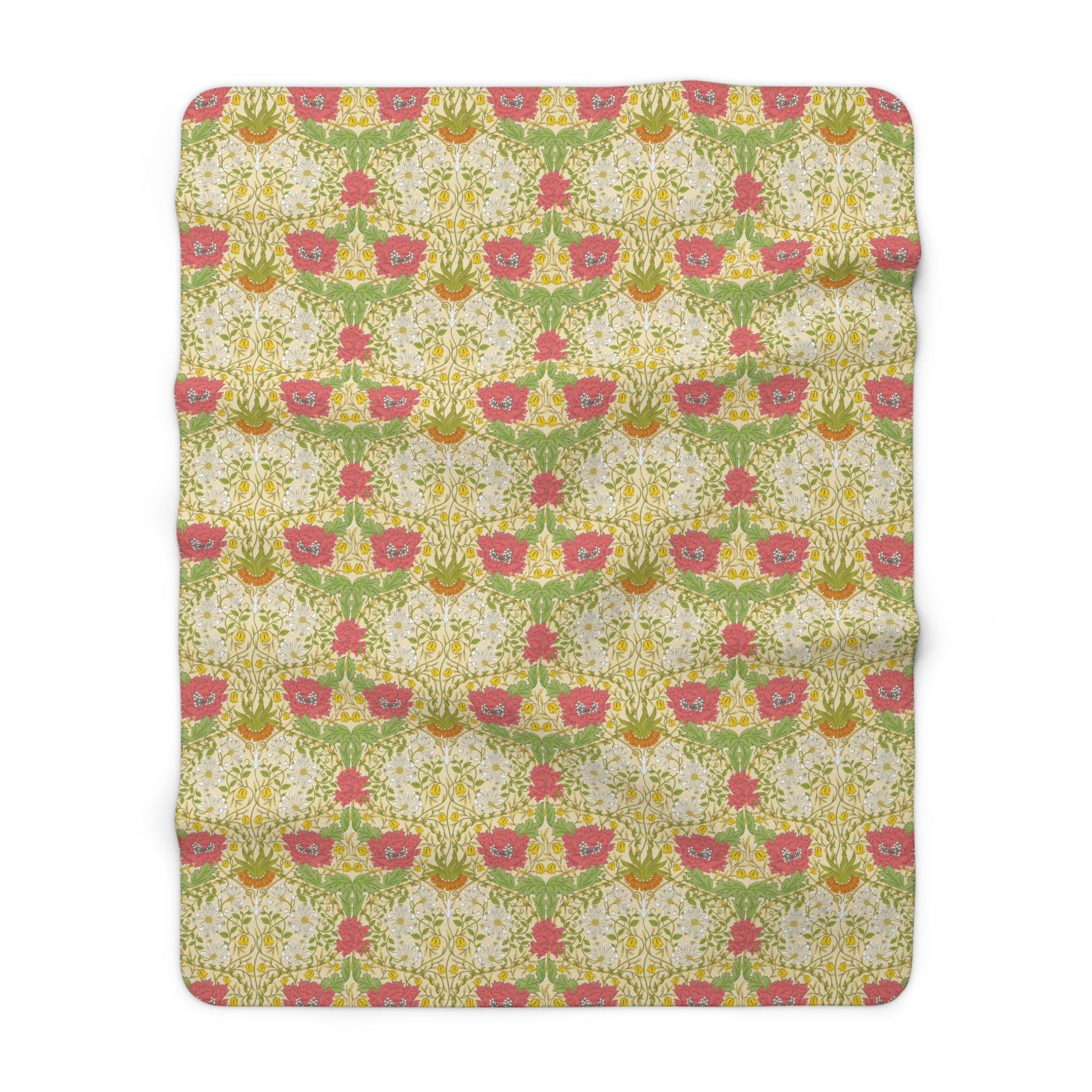 A Sherpa fleece blanket with a floral pattern in pink and yellow hues on a green background, displayed flat.