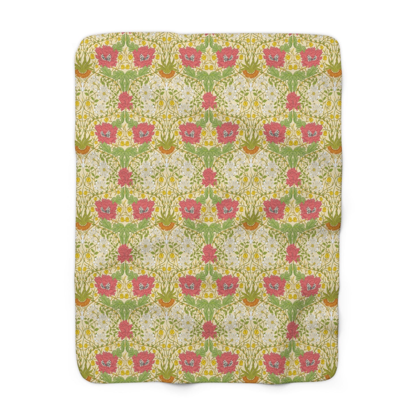 A Sherpa fleece blanket with a floral pattern in pink and yellow hues on a green background, displayed flat.