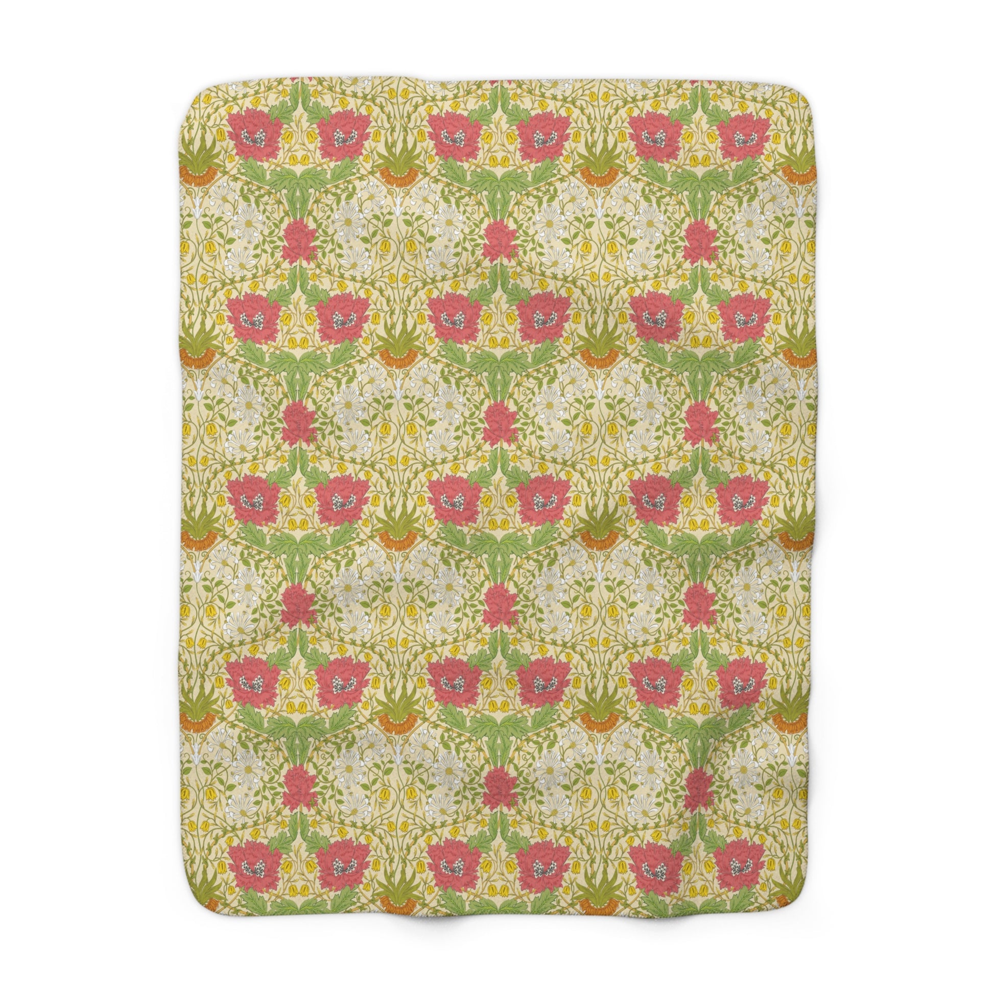 A Sherpa fleece blanket with a floral pattern in pink and yellow hues on a green background, displayed flat.