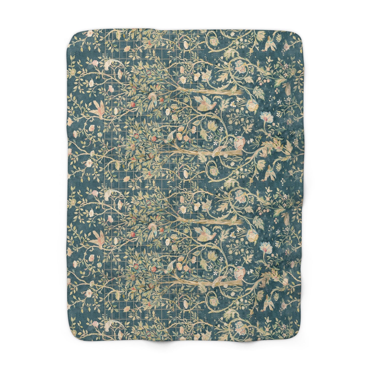 A Sherpa fleece blanket with an all-over floral William Morris & Co pattern in various colours, predominantly teal and cream.