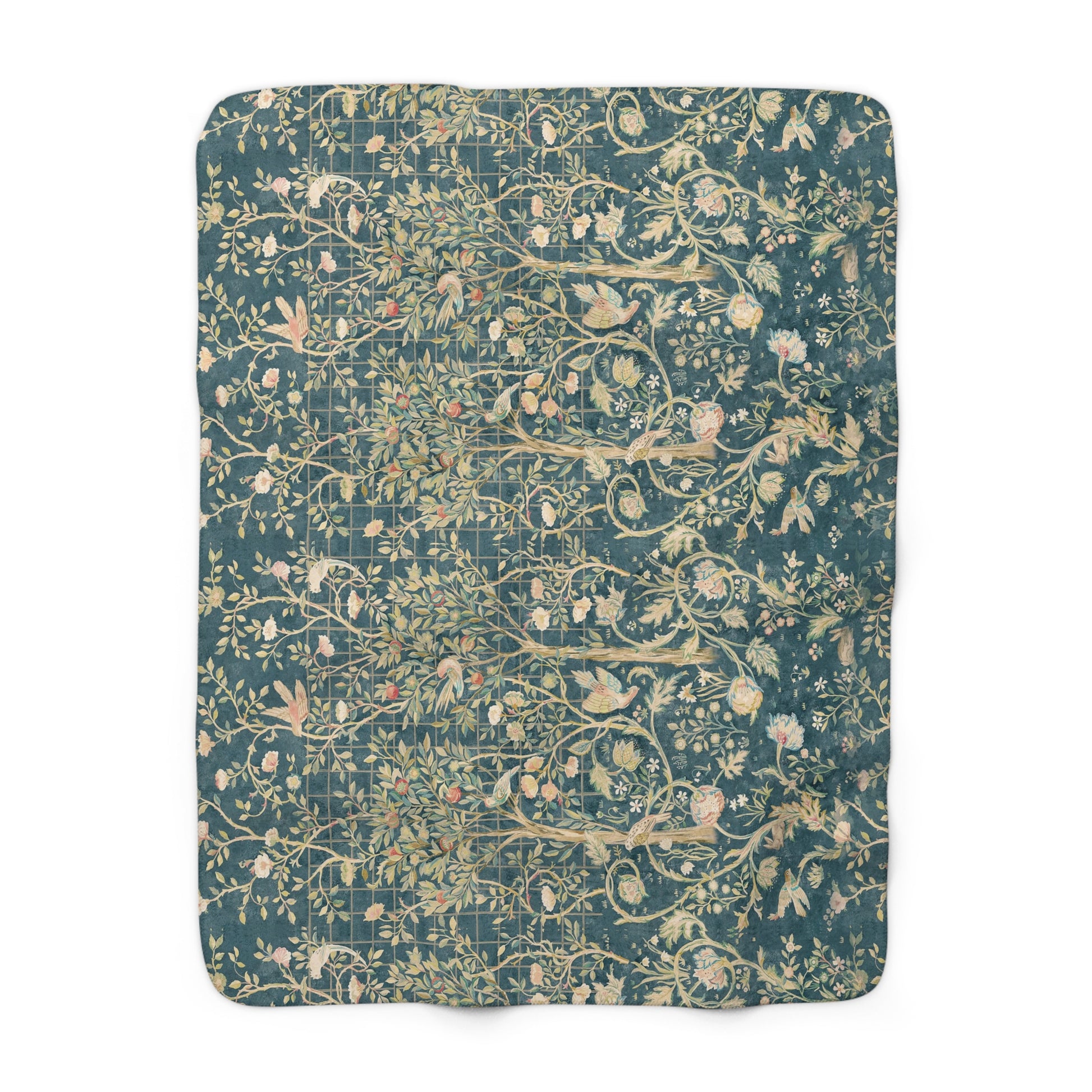 A Sherpa fleece blanket with an all-over floral William Morris & Co pattern in various colours, predominantly teal and cream.