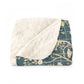 A Sherpa fleece blanket with an all-over floral William Morris & Co pattern in various colours, predominantly teal and cream.