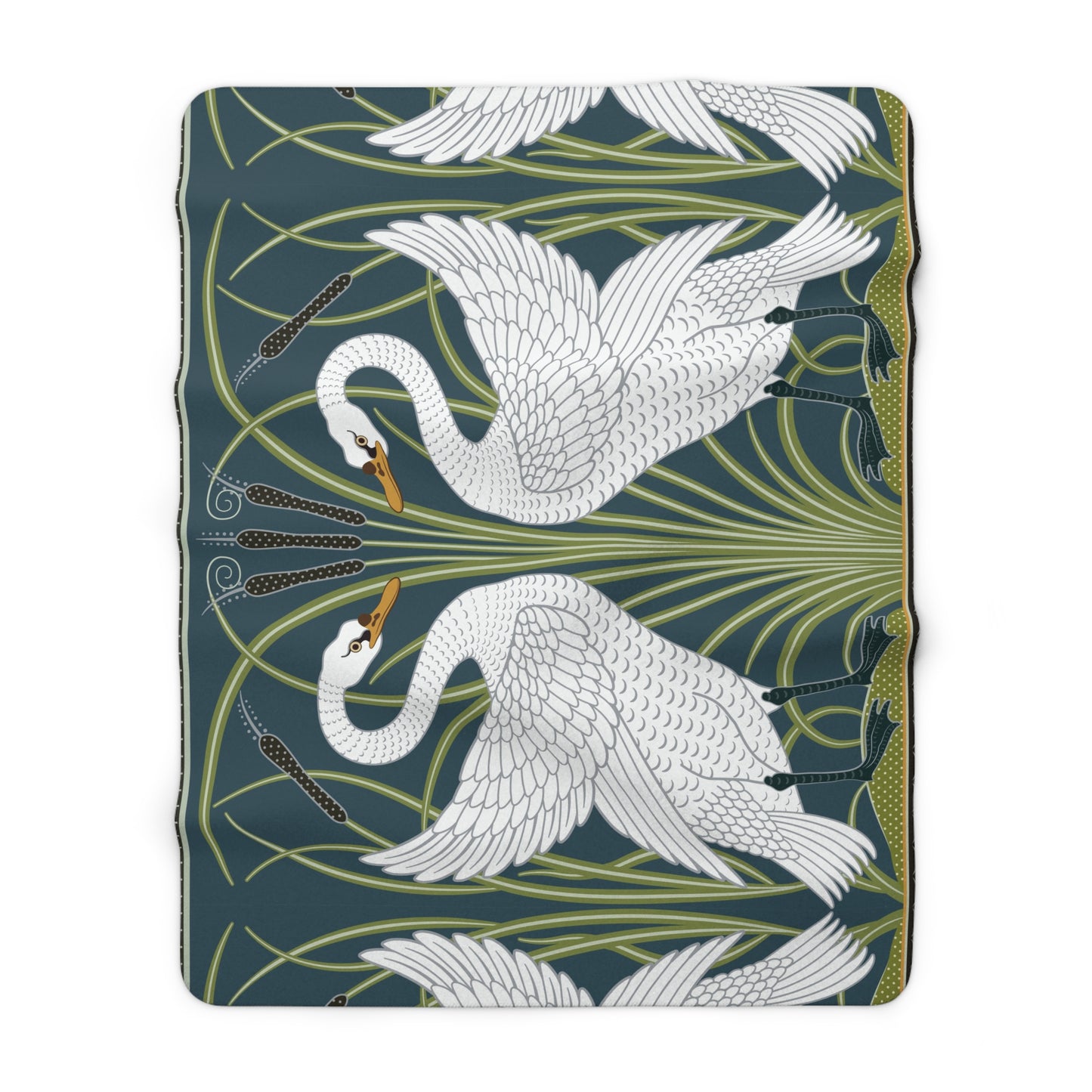 A Sherpa fleece blanket with a floral and swan William Morris & Co pattern in white and green colours on a dark background.
