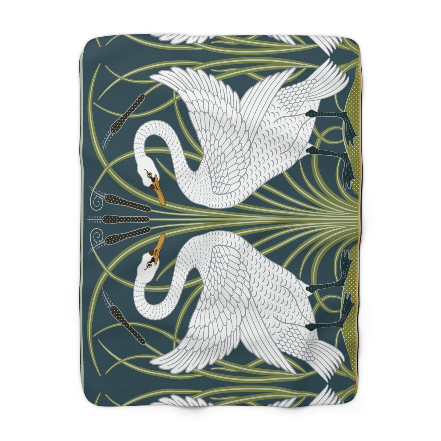 A Sherpa fleece blanket with a floral and swan William Morris & Co pattern in white and green colours on a dark background.