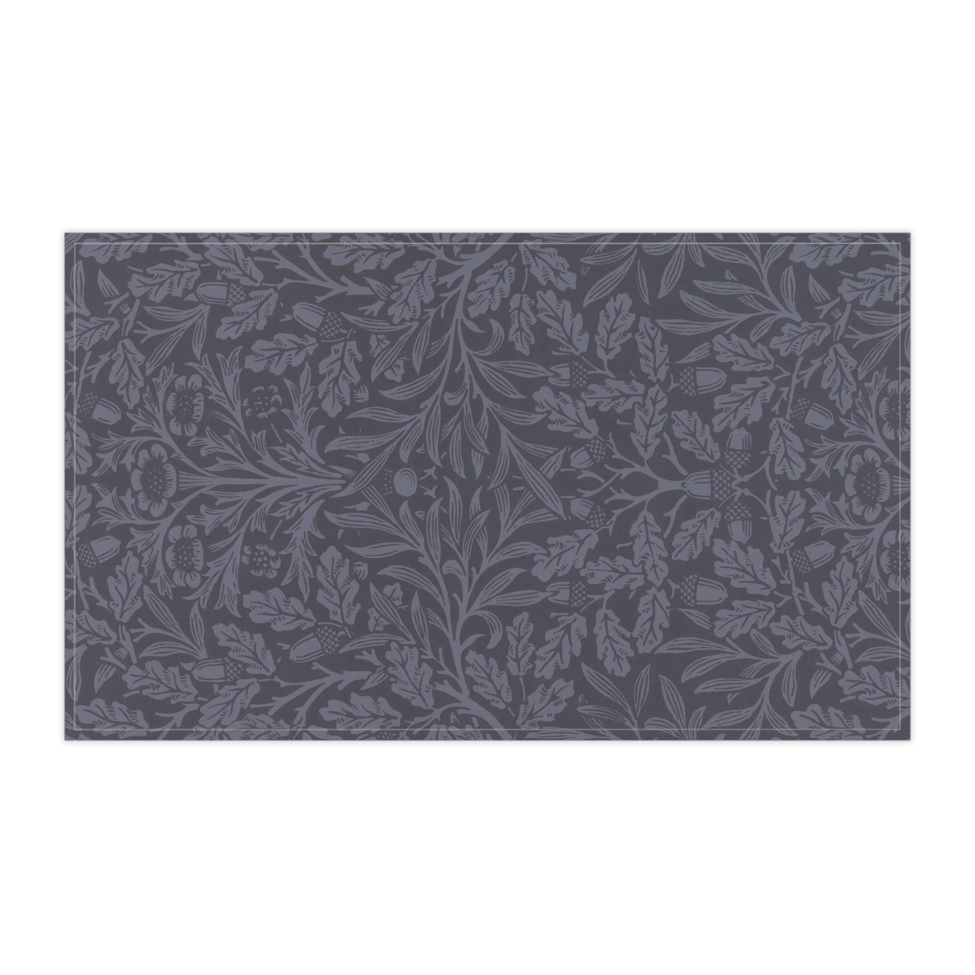 A smoky blue kitchen tea towel with a floral and leaf pattern inspired by William Morris - Acorn and Oak Leaves Collection.