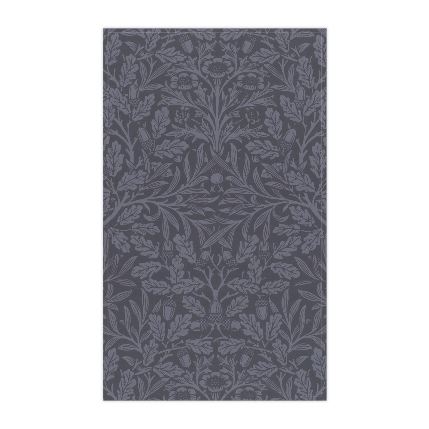 A smoky blue kitchen tea towel with a floral and leaf pattern inspired by William Morris - Acorn and Oak Leaves Collection.