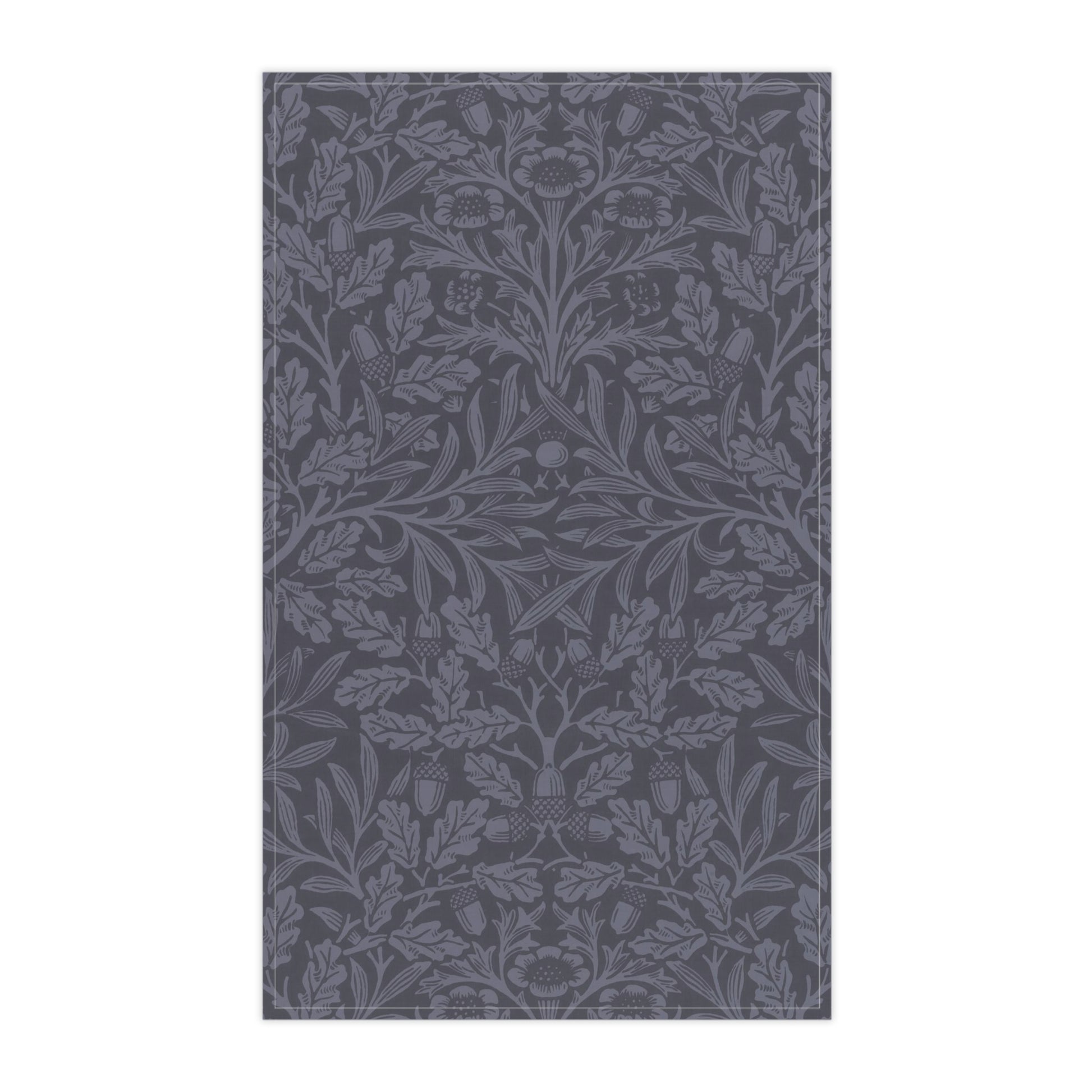 A smoky blue kitchen tea towel with a floral and leaf pattern inspired by William Morris - Acorn and Oak Leaves Collection.